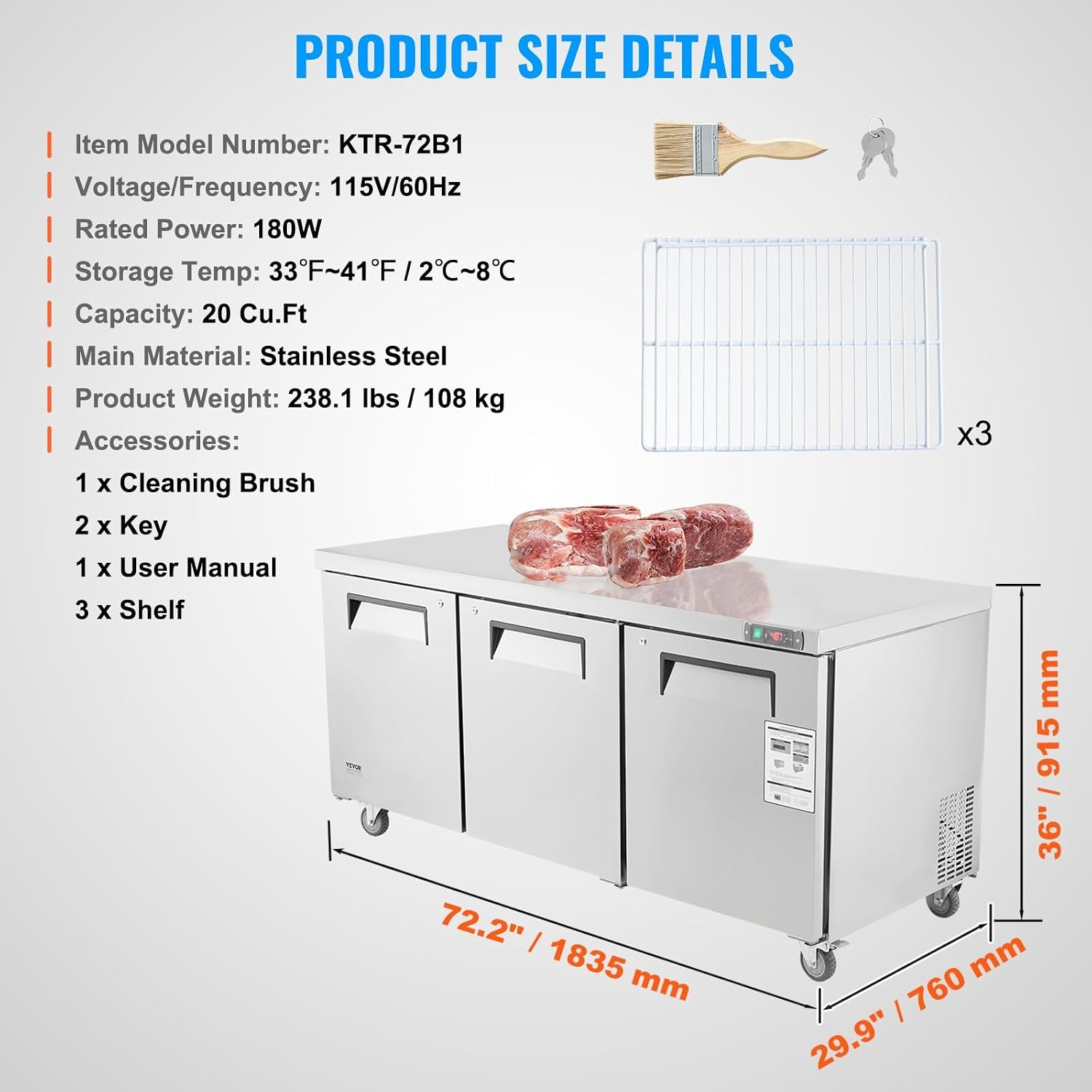 image:imageVEVOR 60W Commercial Refrigerator 154 Cu Ft Sandwich Prep Refrigerated Table Mega Top Food Prep Fridge with 24 Pans and Cutting Board Stainless Steel Salad Prep Cooler for Restaurant Food Truck72W Worktop Refrigerator