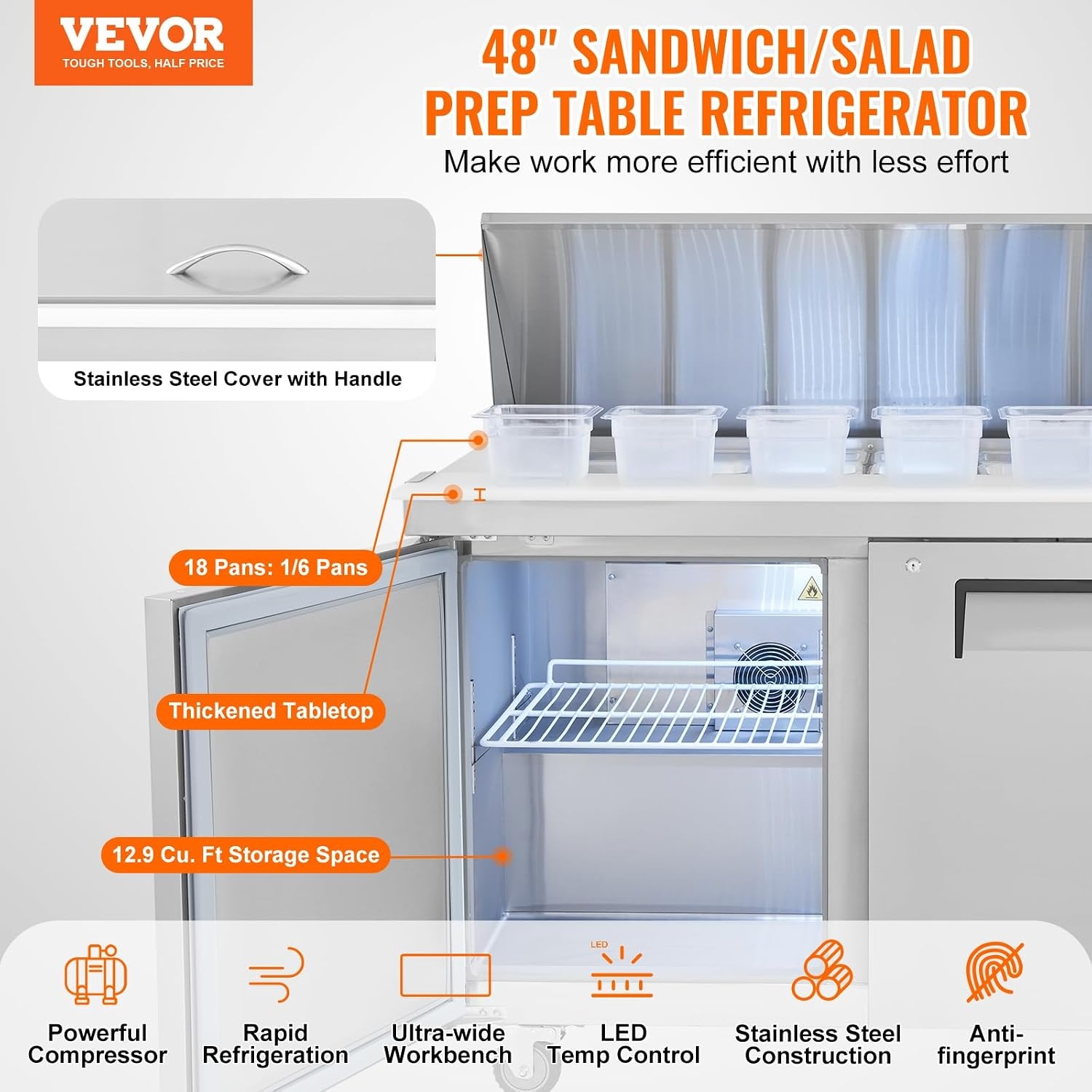 image:imageVEVOR 60W Commercial Refrigerator 154 Cu Ft Sandwich Prep Refrigerated Table Mega Top Food Prep Fridge with 24 Pans and Cutting Board Stainless Steel Salad Prep Cooler for Restaurant Food Truck48W with 18 Pans