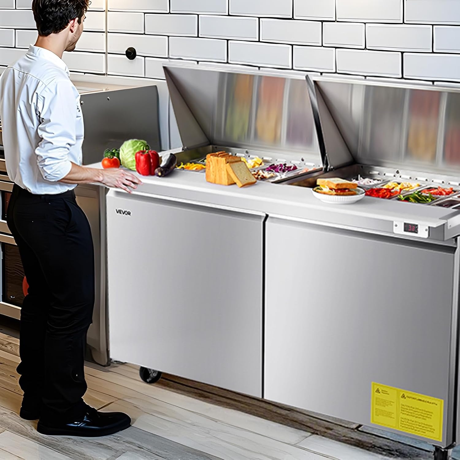 image:imageVEVOR 60W Commercial Refrigerator 154 Cu Ft Sandwich Prep Refrigerated Table Mega Top Food Prep Fridge with 24 Pans and Cutting Board Stainless Steel Salad Prep Cooler for Restaurant Food Truck60W with 24 Pans