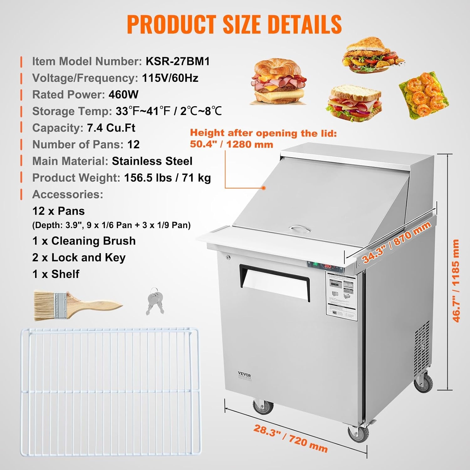 image:imageVEVOR 60W Commercial Refrigerator 154 Cu Ft Sandwich Prep Refrigerated Table Mega Top Food Prep Fridge with 24 Pans and Cutting Board Stainless Steel Salad Prep Cooler for Restaurant Food Truck28W with 12 Pans