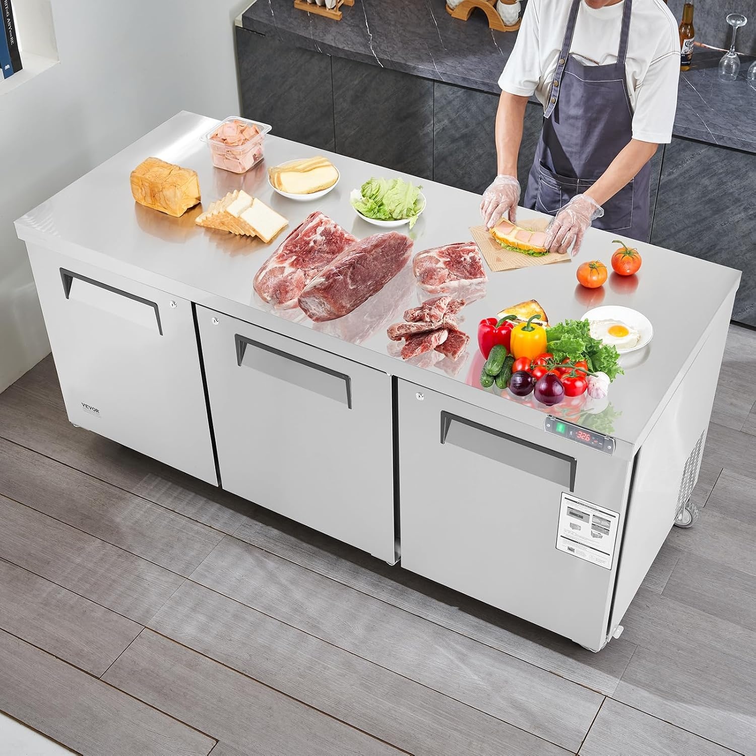 image:imageVEVOR 60W Commercial Refrigerator 154 Cu Ft Sandwich Prep Refrigerated Table Mega Top Food Prep Fridge with 24 Pans and Cutting Board Stainless Steel Salad Prep Cooler for Restaurant Food Truck72W Worktop Refrigerator