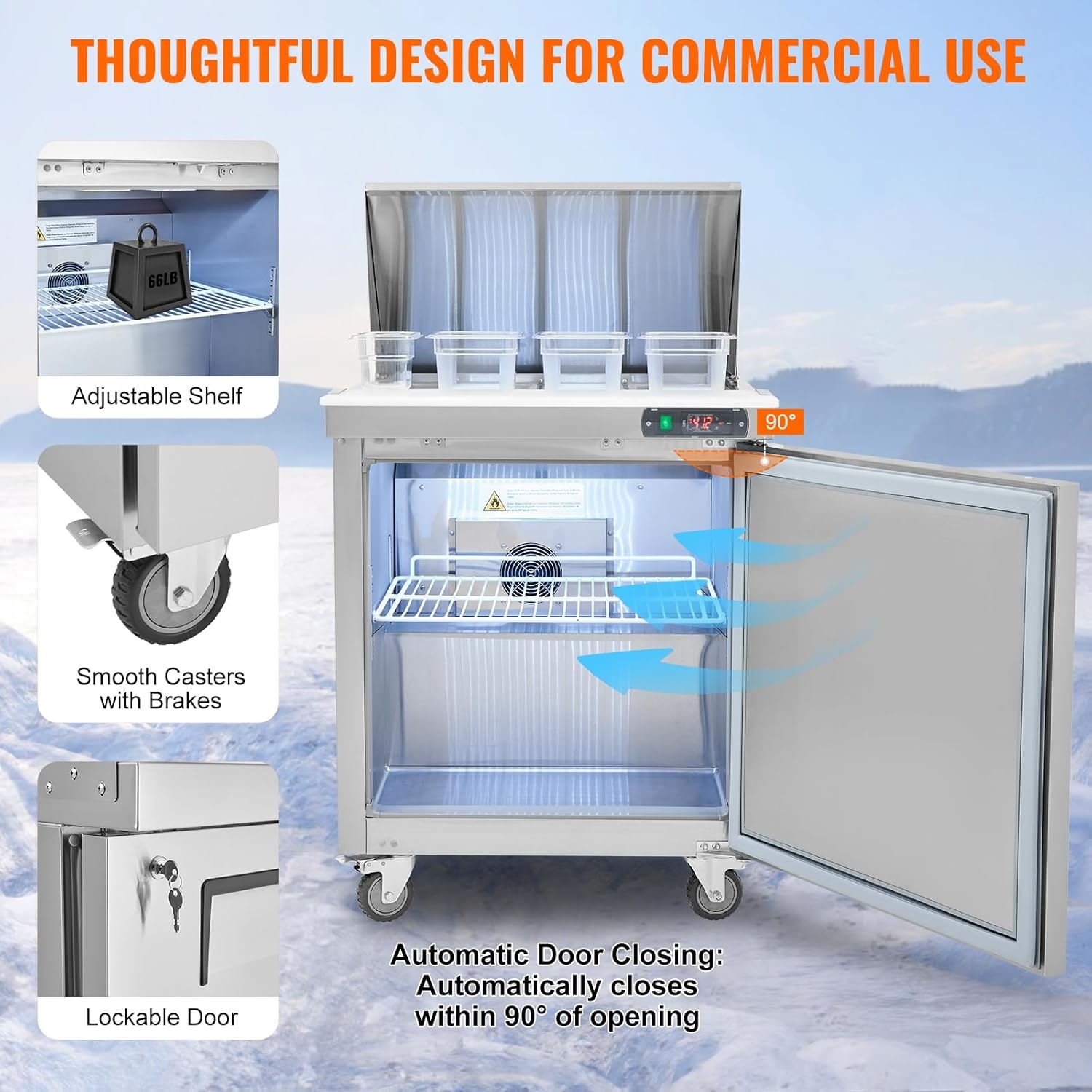 image:imageVEVOR 60W Commercial Refrigerator 154 Cu Ft Sandwich Prep Refrigerated Table Mega Top Food Prep Fridge with 24 Pans and Cutting Board Stainless Steel Salad Prep Cooler for Restaurant Food Truck28W with 12 Pans