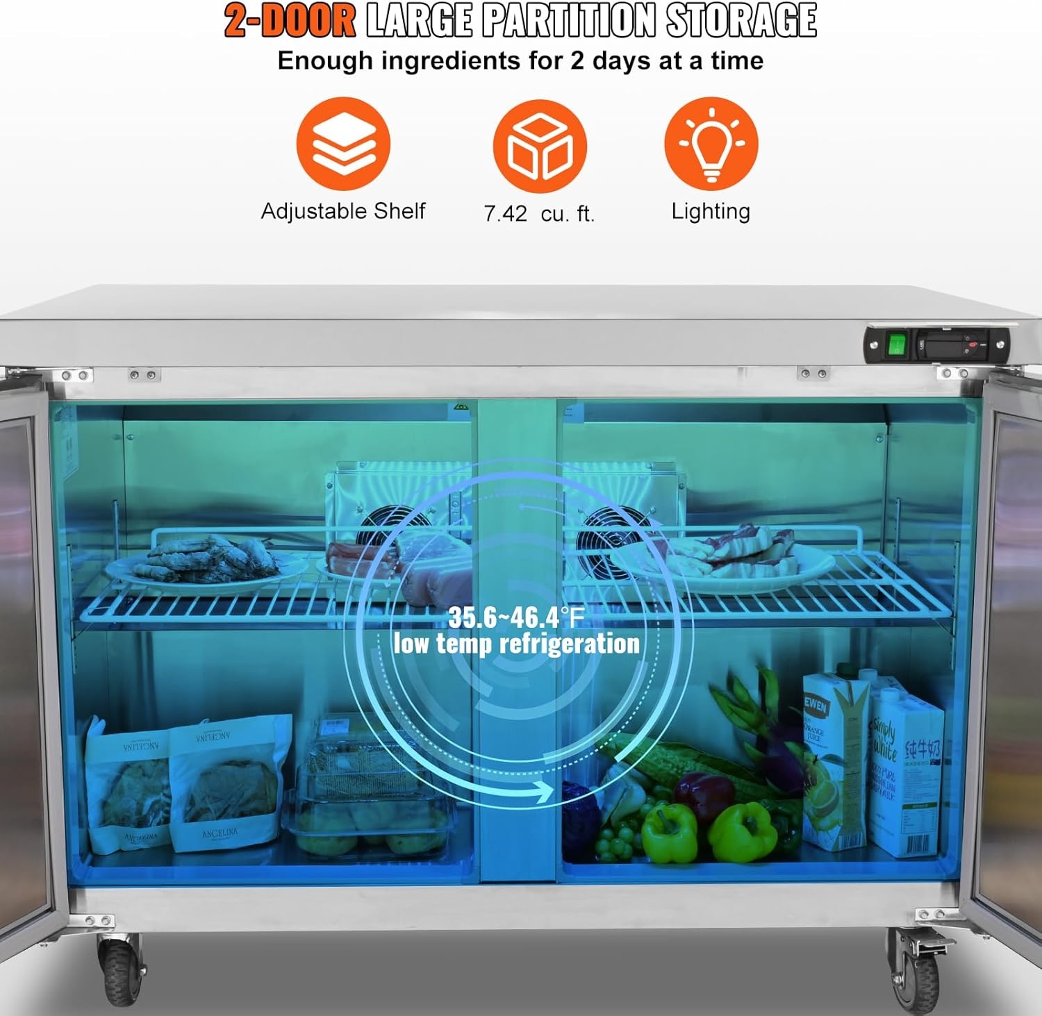 image:imageVEVOR 60W Commercial Refrigerator 154 Cu Ft Sandwich Prep Refrigerated Table Mega Top Food Prep Fridge with 24 Pans and Cutting Board Stainless Steel Salad Prep Cooler for Restaurant Food Truck48W Worktop Refrigerator