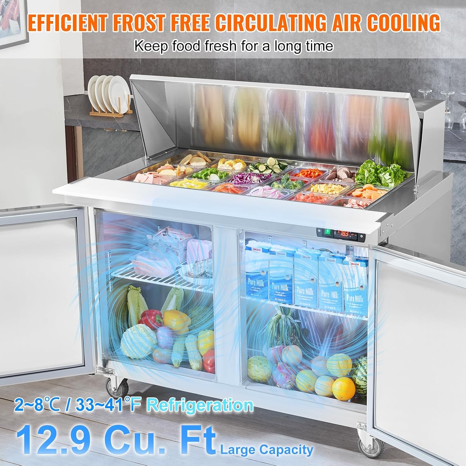image:imageVEVOR 60W Commercial Refrigerator 154 Cu Ft Sandwich Prep Refrigerated Table Mega Top Food Prep Fridge with 24 Pans and Cutting Board Stainless Steel Salad Prep Cooler for Restaurant Food Truck48W with 18 Pans