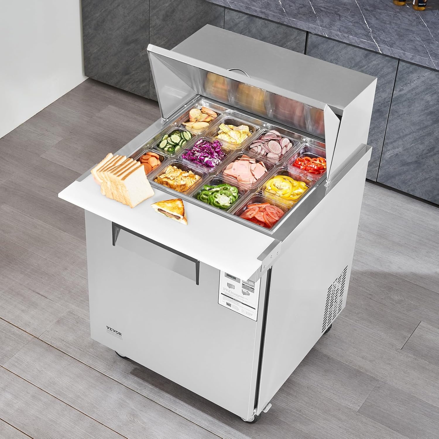 image:imageVEVOR 60W Commercial Refrigerator 154 Cu Ft Sandwich Prep Refrigerated Table Mega Top Food Prep Fridge with 24 Pans and Cutting Board Stainless Steel Salad Prep Cooler for Restaurant Food Truck28W with 12 Pans