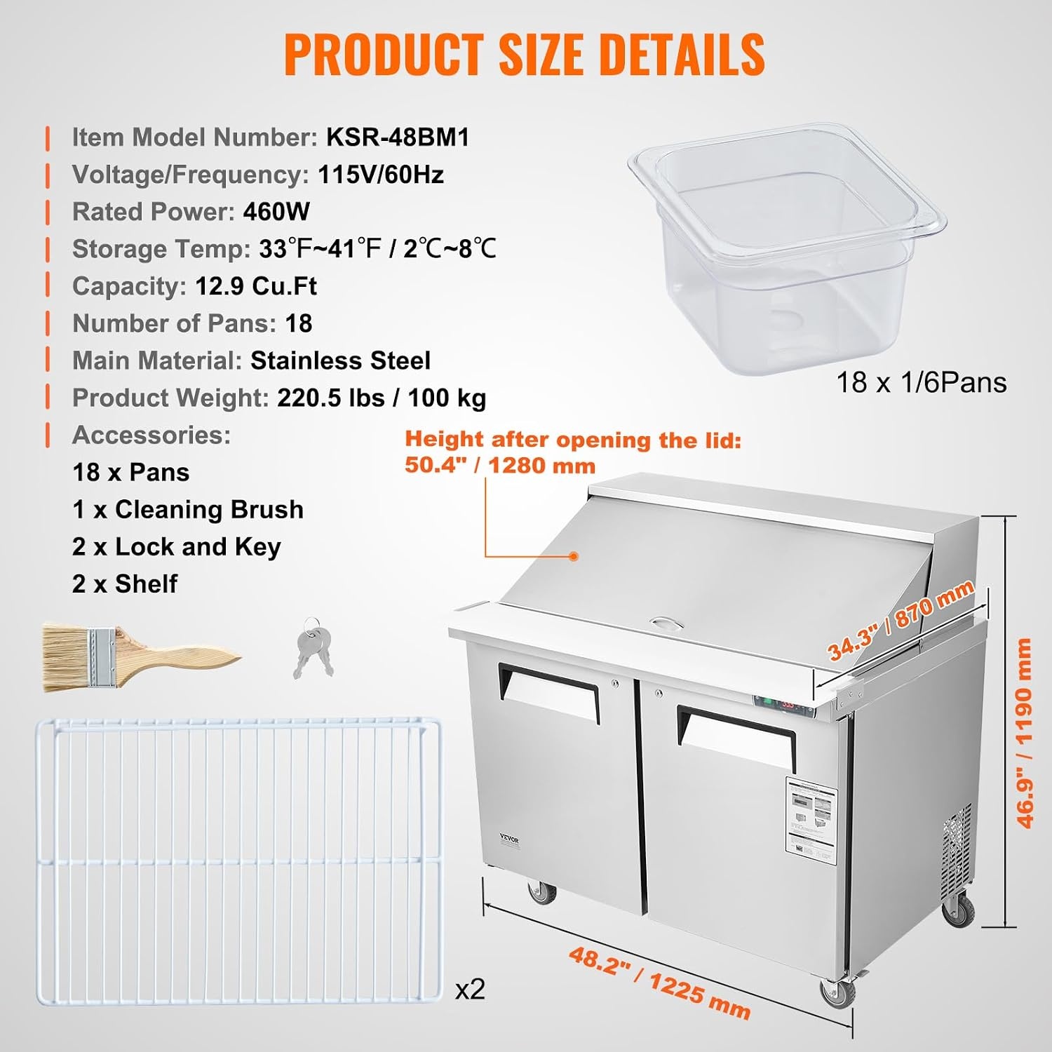 image:imageVEVOR 60W Commercial Refrigerator 154 Cu Ft Sandwich Prep Refrigerated Table Mega Top Food Prep Fridge with 24 Pans and Cutting Board Stainless Steel Salad Prep Cooler for Restaurant Food Truck48W with 18 Pans