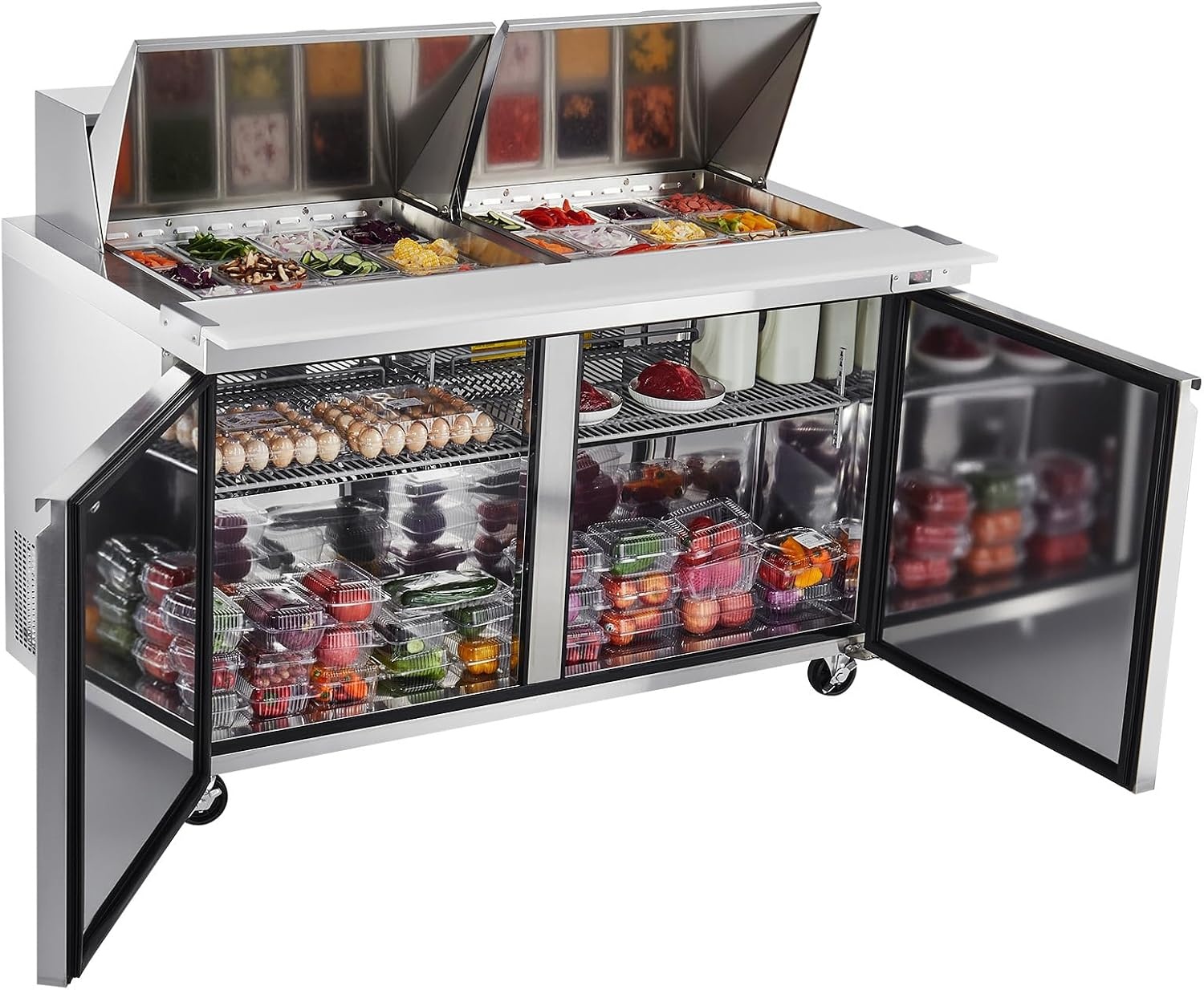image:imageVEVOR 60W Commercial Refrigerator 154 Cu Ft Sandwich Prep Refrigerated Table Mega Top Food Prep Fridge with 24 Pans and Cutting Board Stainless Steel Salad Prep Cooler for Restaurant Food Truck60W with 24 Pans