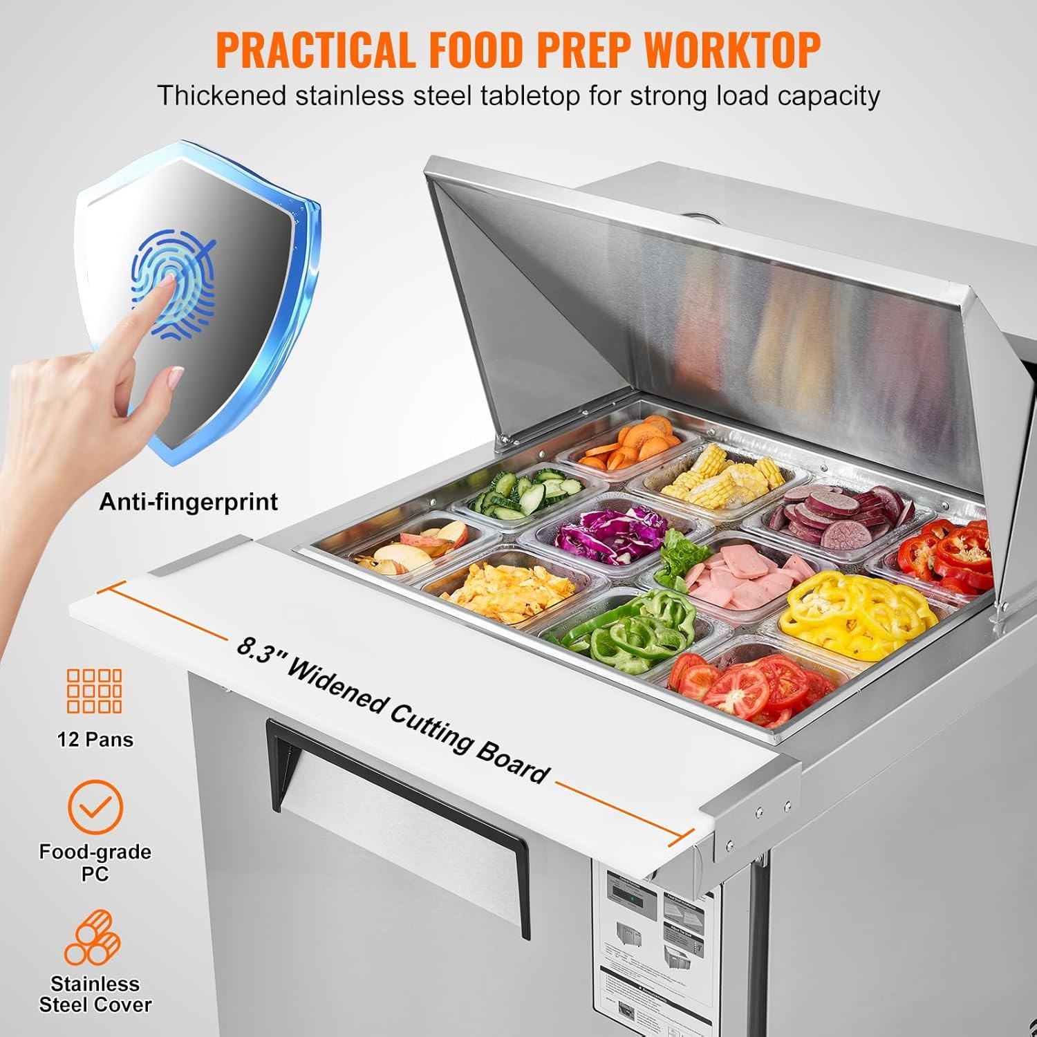 image:imageVEVOR 60W Commercial Refrigerator 154 Cu Ft Sandwich Prep Refrigerated Table Mega Top Food Prep Fridge with 24 Pans and Cutting Board Stainless Steel Salad Prep Cooler for Restaurant Food Truck28W with 12 Pans