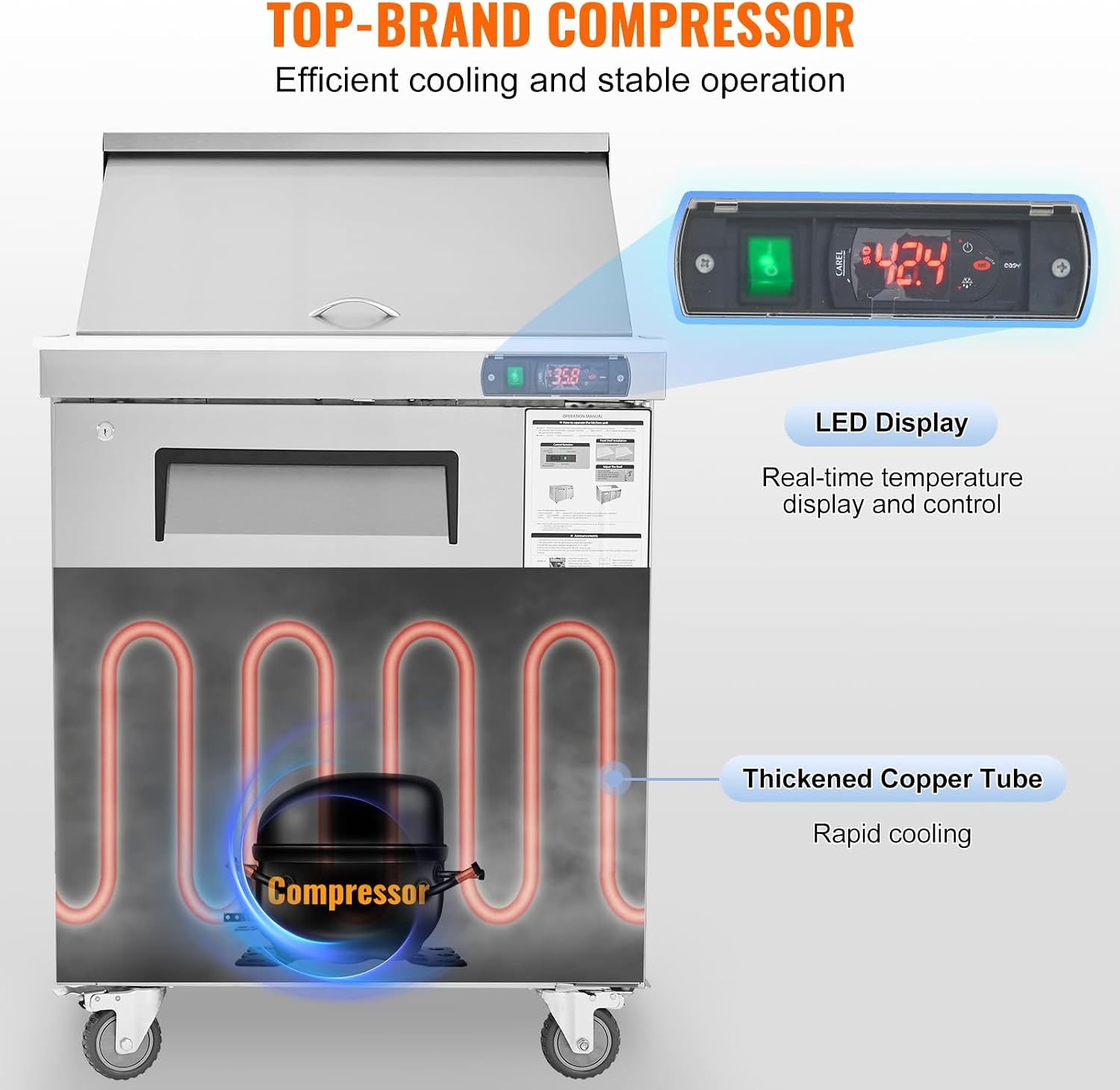 image:imageVEVOR 60W Commercial Refrigerator 154 Cu Ft Sandwich Prep Refrigerated Table Mega Top Food Prep Fridge with 24 Pans and Cutting Board Stainless Steel Salad Prep Cooler for Restaurant Food Truck28W with 12 Pans