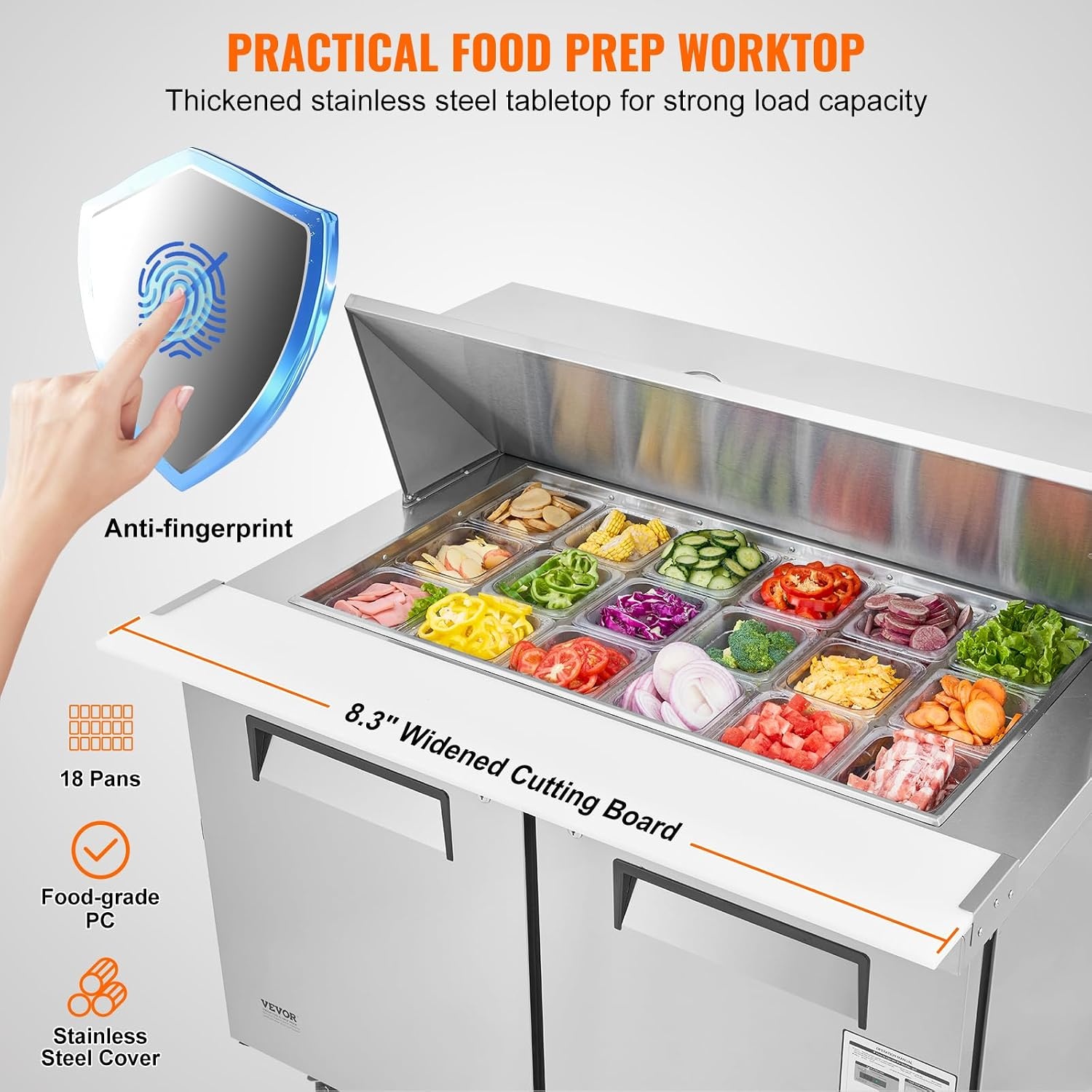 image:imageVEVOR 60W Commercial Refrigerator 154 Cu Ft Sandwich Prep Refrigerated Table Mega Top Food Prep Fridge with 24 Pans and Cutting Board Stainless Steel Salad Prep Cooler for Restaurant Food Truck48W with 18 Pans