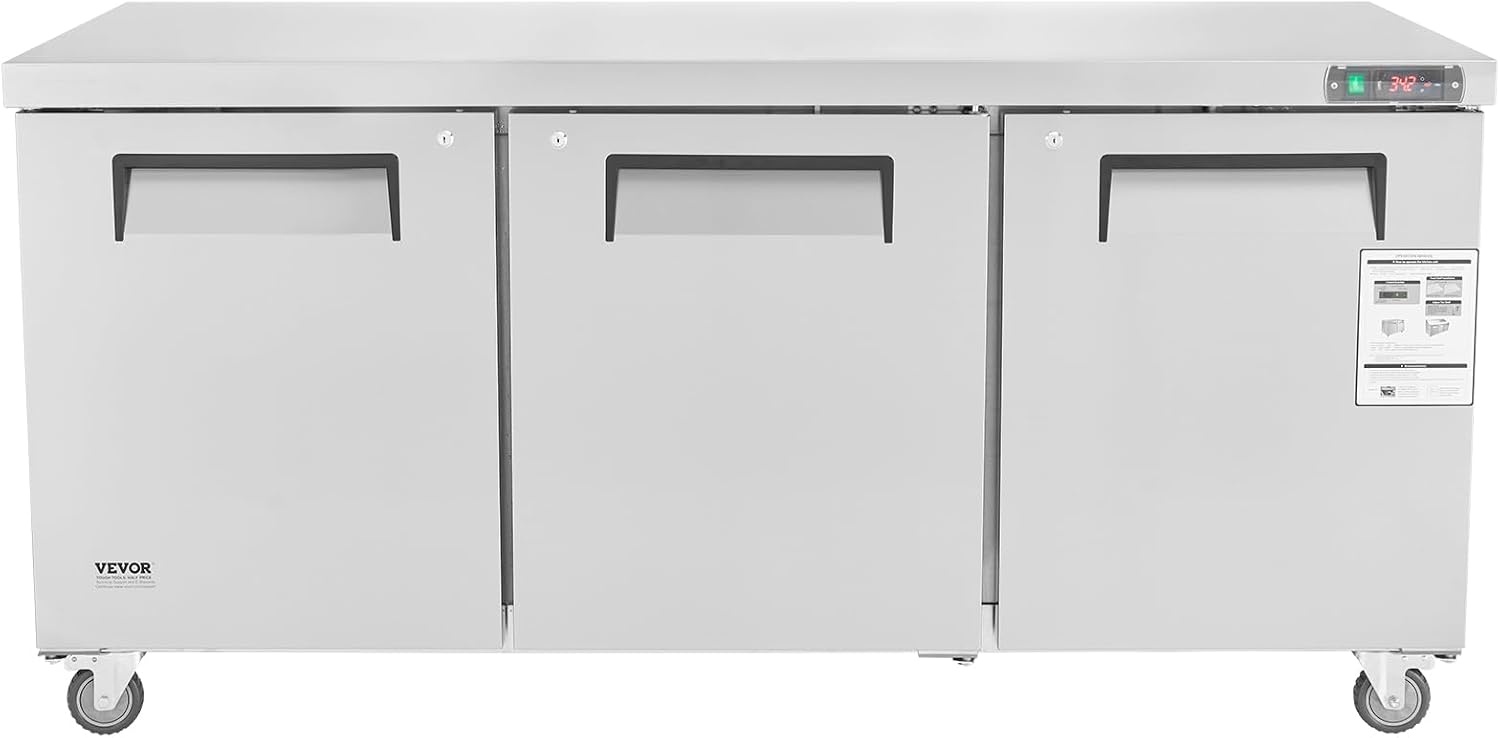 image:imageVEVOR 60W Commercial Refrigerator 154 Cu Ft Sandwich Prep Refrigerated Table Mega Top Food Prep Fridge with 24 Pans and Cutting Board Stainless Steel Salad Prep Cooler for Restaurant Food Truck72W Worktop Refrigerator