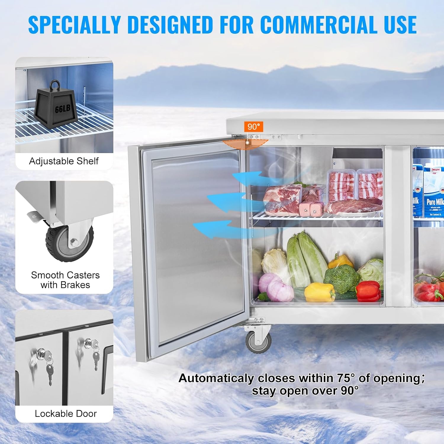 image:imageVEVOR 60W Commercial Refrigerator 154 Cu Ft Sandwich Prep Refrigerated Table Mega Top Food Prep Fridge with 24 Pans and Cutting Board Stainless Steel Salad Prep Cooler for Restaurant Food Truck72W Worktop Refrigerator