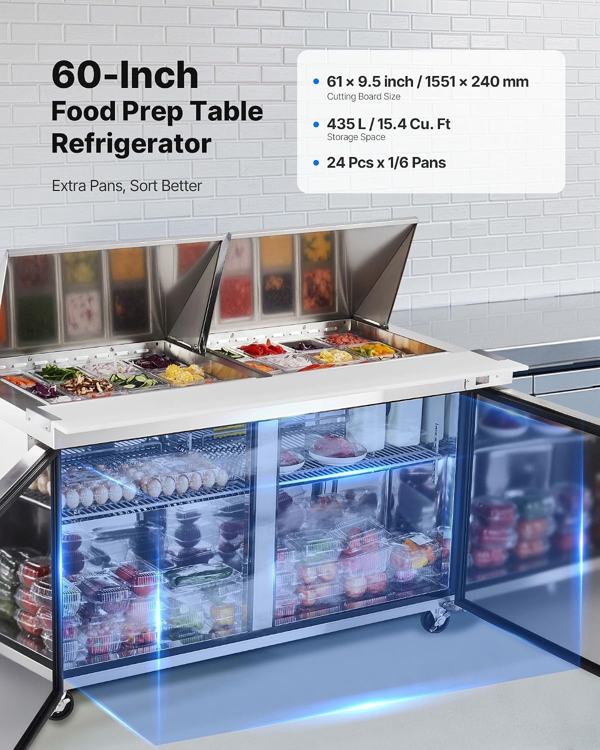 image:imageVEVOR 60W Commercial Refrigerator 154 Cu Ft Sandwich Prep Refrigerated Table Mega Top Food Prep Fridge with 24 Pans and Cutting Board Stainless Steel Salad Prep Cooler for Restaurant Food Truck60W with 24 Pans
