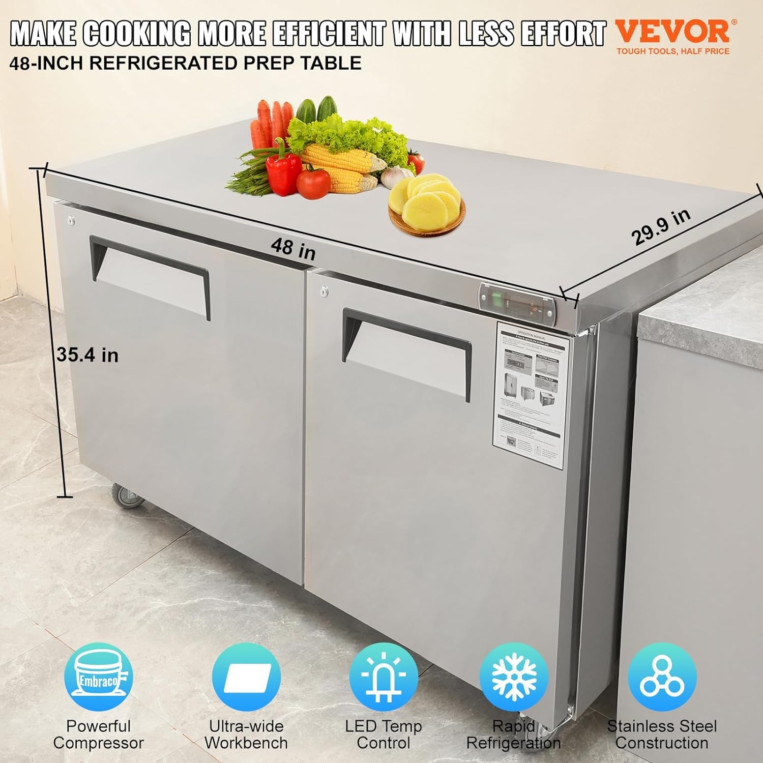 image:imageVEVOR 60W Commercial Refrigerator 154 Cu Ft Sandwich Prep Refrigerated Table Mega Top Food Prep Fridge with 24 Pans and Cutting Board Stainless Steel Salad Prep Cooler for Restaurant Food Truck48W Worktop Refrigerator