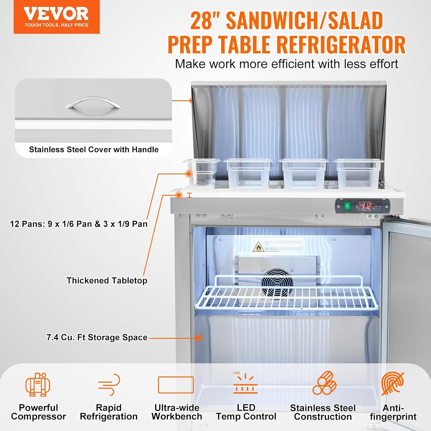 image:imageVEVOR 60W Commercial Refrigerator 154 Cu Ft Sandwich Prep Refrigerated Table Mega Top Food Prep Fridge with 24 Pans and Cutting Board Stainless Steel Salad Prep Cooler for Restaurant Food Truck28W with 12 Pans