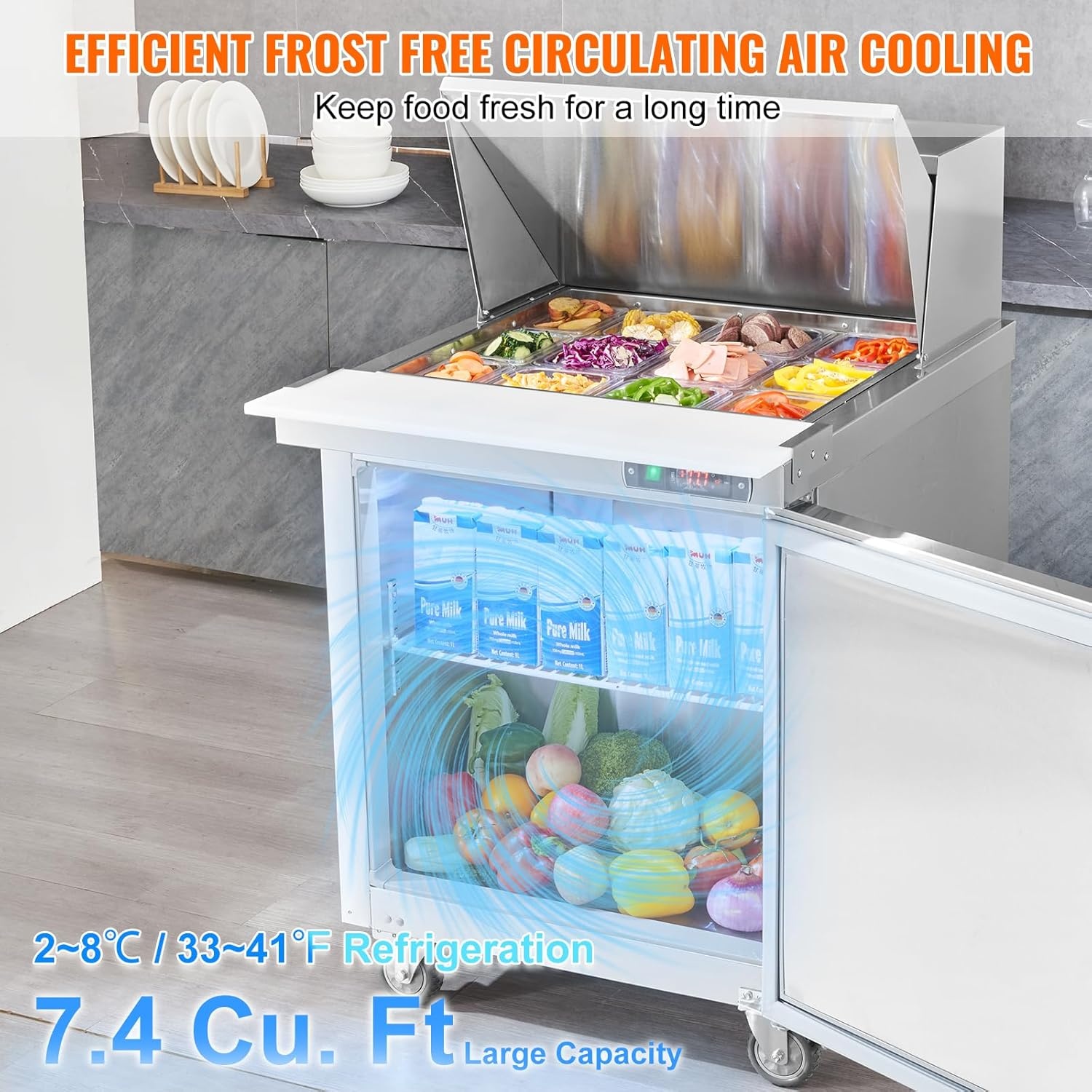image:imageVEVOR 60W Commercial Refrigerator 154 Cu Ft Sandwich Prep Refrigerated Table Mega Top Food Prep Fridge with 24 Pans and Cutting Board Stainless Steel Salad Prep Cooler for Restaurant Food Truck28W with 12 Pans