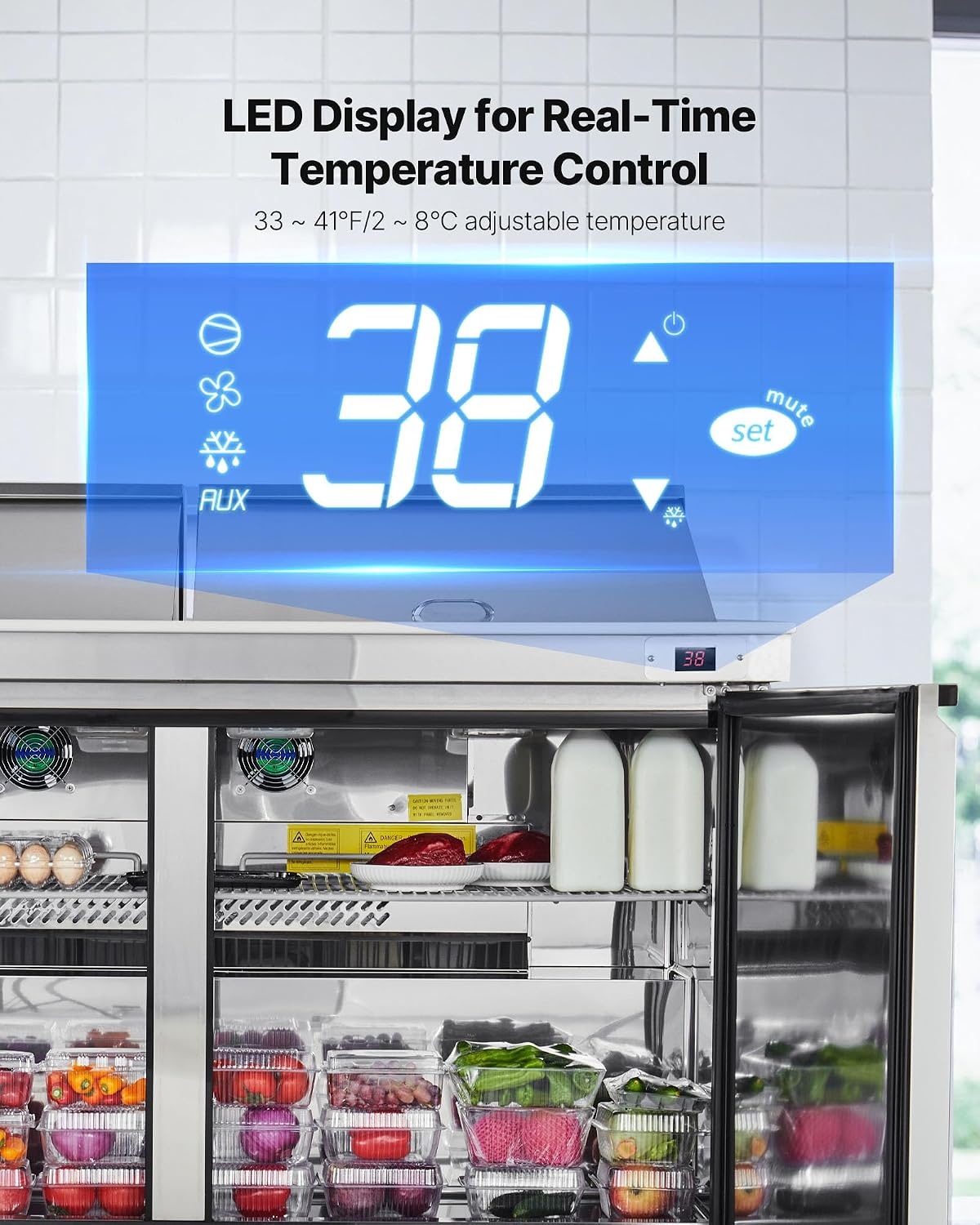 image:imageVEVOR 60W Commercial Refrigerator 154 Cu Ft Sandwich Prep Refrigerated Table Mega Top Food Prep Fridge with 24 Pans and Cutting Board Stainless Steel Salad Prep Cooler for Restaurant Food Truck60W with 24 Pans