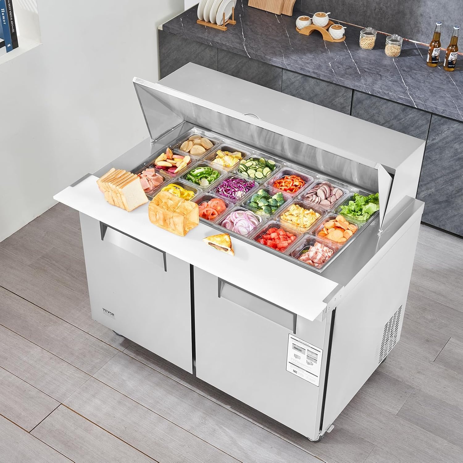 image:imageVEVOR 60W Commercial Refrigerator 154 Cu Ft Sandwich Prep Refrigerated Table Mega Top Food Prep Fridge with 24 Pans and Cutting Board Stainless Steel Salad Prep Cooler for Restaurant Food Truck48W with 18 Pans