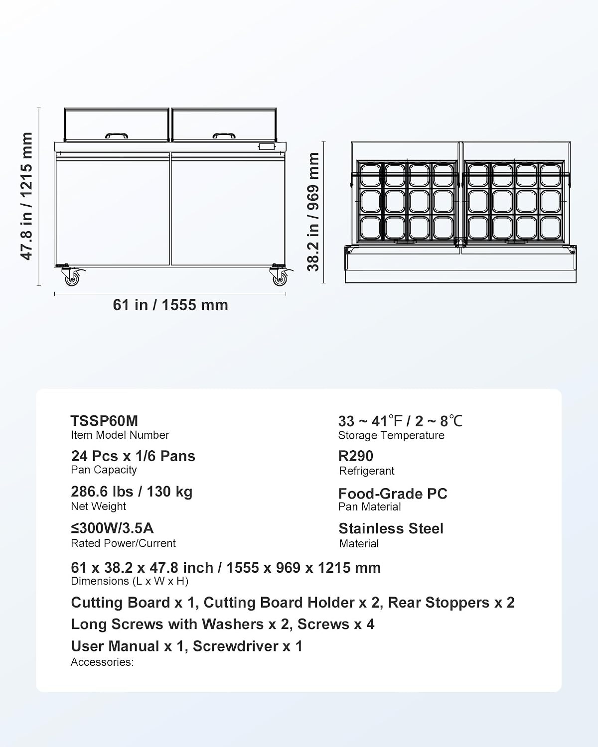 image:imageVEVOR 60W Commercial Refrigerator 154 Cu Ft Sandwich Prep Refrigerated Table Mega Top Food Prep Fridge with 24 Pans and Cutting Board Stainless Steel Salad Prep Cooler for Restaurant Food Truck60W with 24 Pans