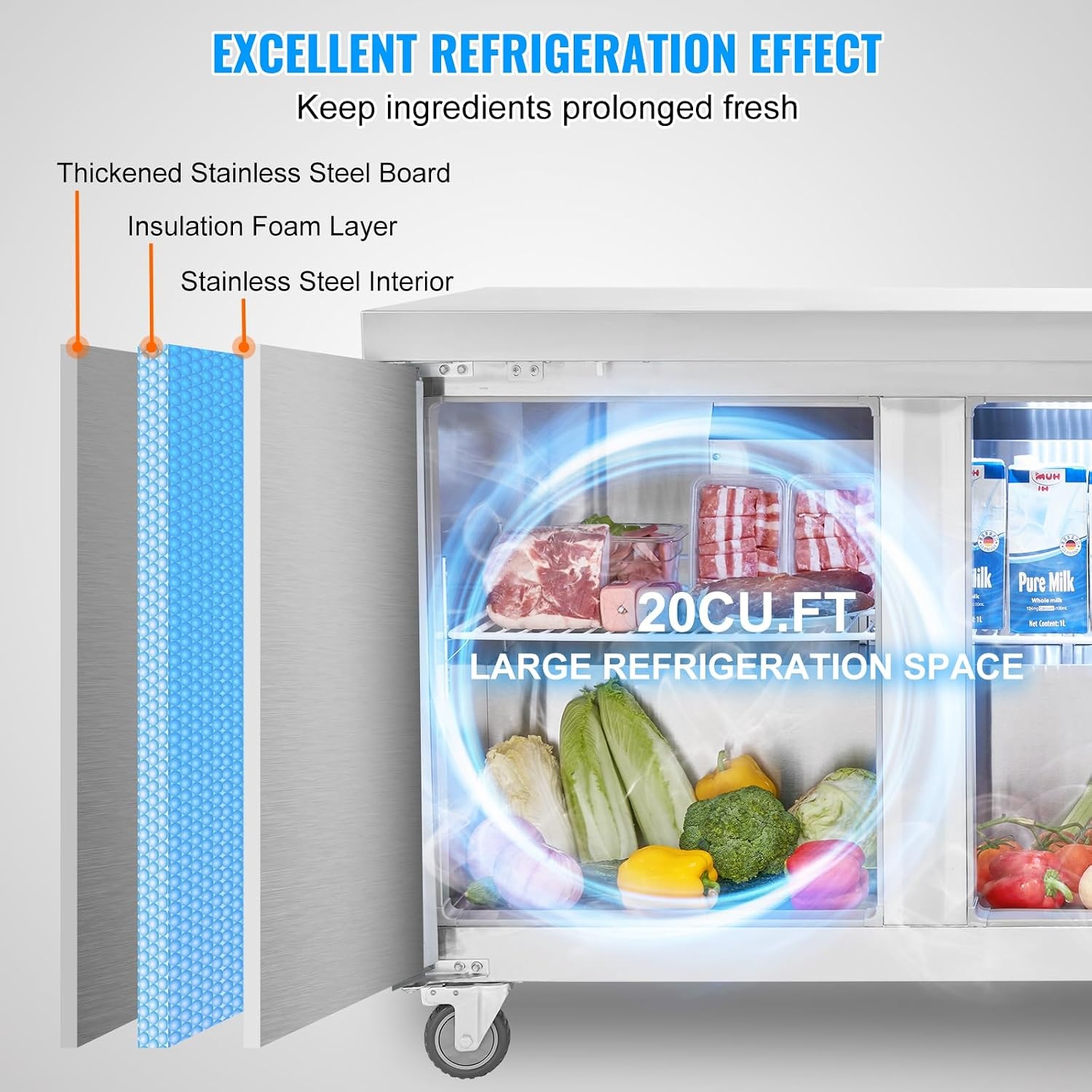 image:imageVEVOR 60W Commercial Refrigerator 154 Cu Ft Sandwich Prep Refrigerated Table Mega Top Food Prep Fridge with 24 Pans and Cutting Board Stainless Steel Salad Prep Cooler for Restaurant Food Truck72W Worktop Refrigerator
