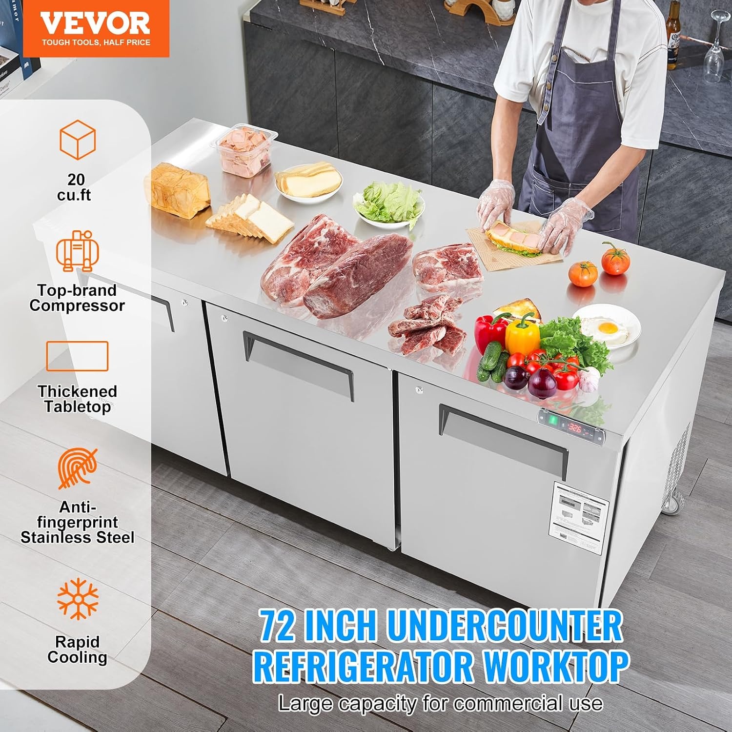 image:imageVEVOR 60W Commercial Refrigerator 154 Cu Ft Sandwich Prep Refrigerated Table Mega Top Food Prep Fridge with 24 Pans and Cutting Board Stainless Steel Salad Prep Cooler for Restaurant Food Truck72W Worktop Refrigerator