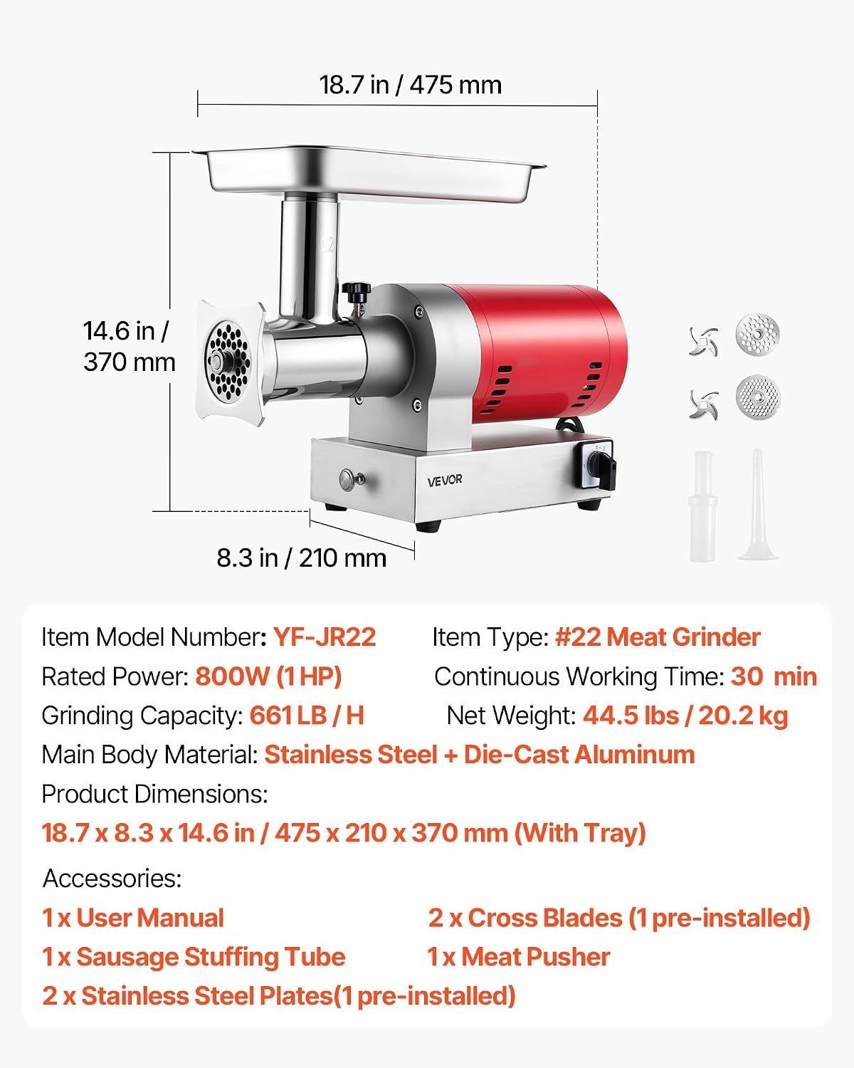 image:imageVEVOR 661 LbsHour800 W Machine 15 HP Electric Mincer with 2 Grinding Plates Sausage Kit Set Meat Grinder Heavy Duty Home Kitchen amp Commercial Use Red 800 W22 661 LbsHour