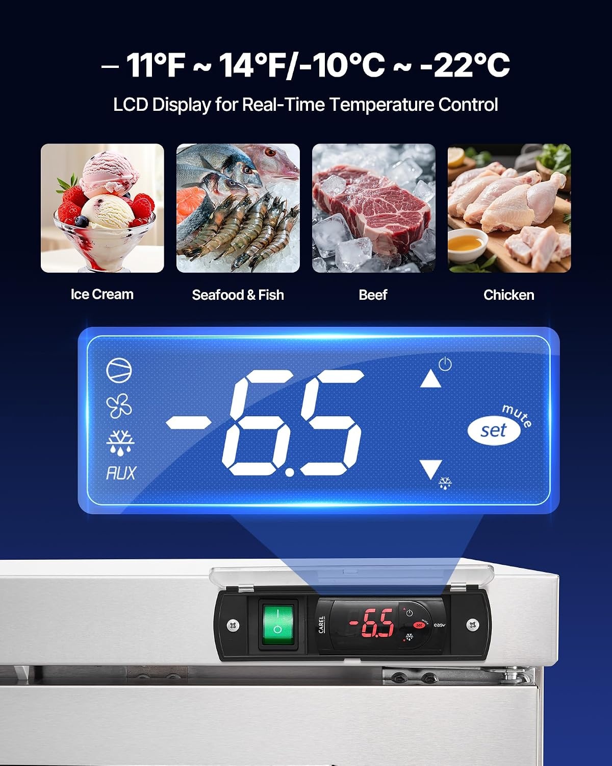 image:imageVEVOR 72 W Commercial Freezer 177 CuFt Worktop Freezers Undercounter with LED Auto Lighting and Lockable Door 3 Doors Food Freezing Prep Worktable Stainless Steel Prep Frozen Table with Casters