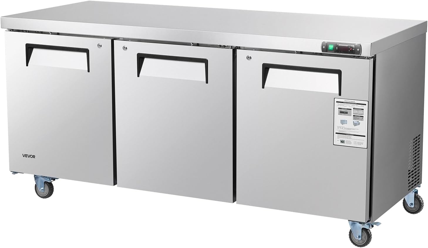 image:imageVEVOR 72 W Commercial Freezer 177 CuFt Worktop Freezers Undercounter with LED Auto Lighting and Lockable Door 3 Doors Food Freezing Prep Worktable Stainless Steel Prep Frozen Table with Casters