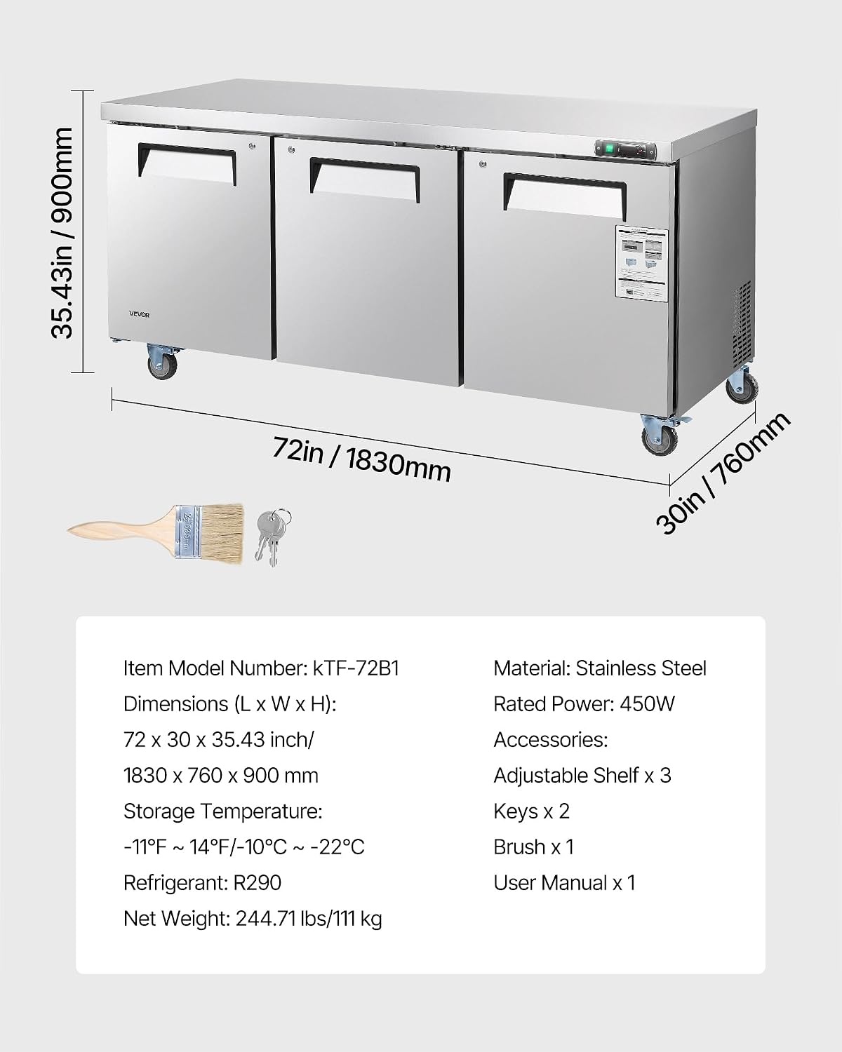 image:imageVEVOR 72 W Commercial Freezer 177 CuFt Worktop Freezers Undercounter with LED Auto Lighting and Lockable Door 3 Doors Food Freezing Prep Worktable Stainless Steel Prep Frozen Table with Casters