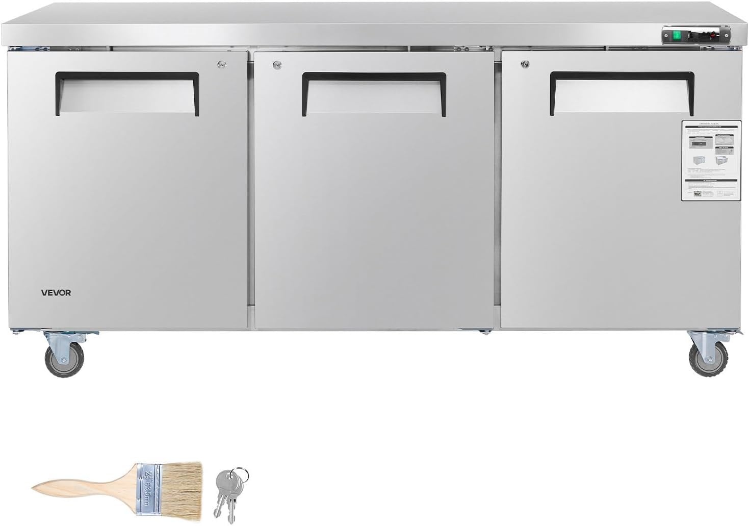 image:imageVEVOR 72 W Commercial Freezer 177 CuFt Worktop Freezers Undercounter with LED Auto Lighting and Lockable Door 3 Doors Food Freezing Prep Worktable Stainless Steel Prep Frozen Table with Casters