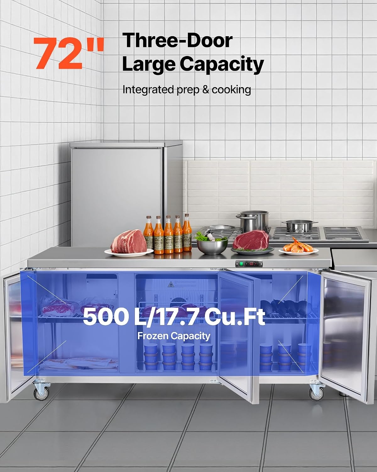 image:imageVEVOR 72 W Commercial Freezer 177 CuFt Worktop Freezers Undercounter with LED Auto Lighting and Lockable Door 3 Doors Food Freezing Prep Worktable Stainless Steel Prep Frozen Table with Casters