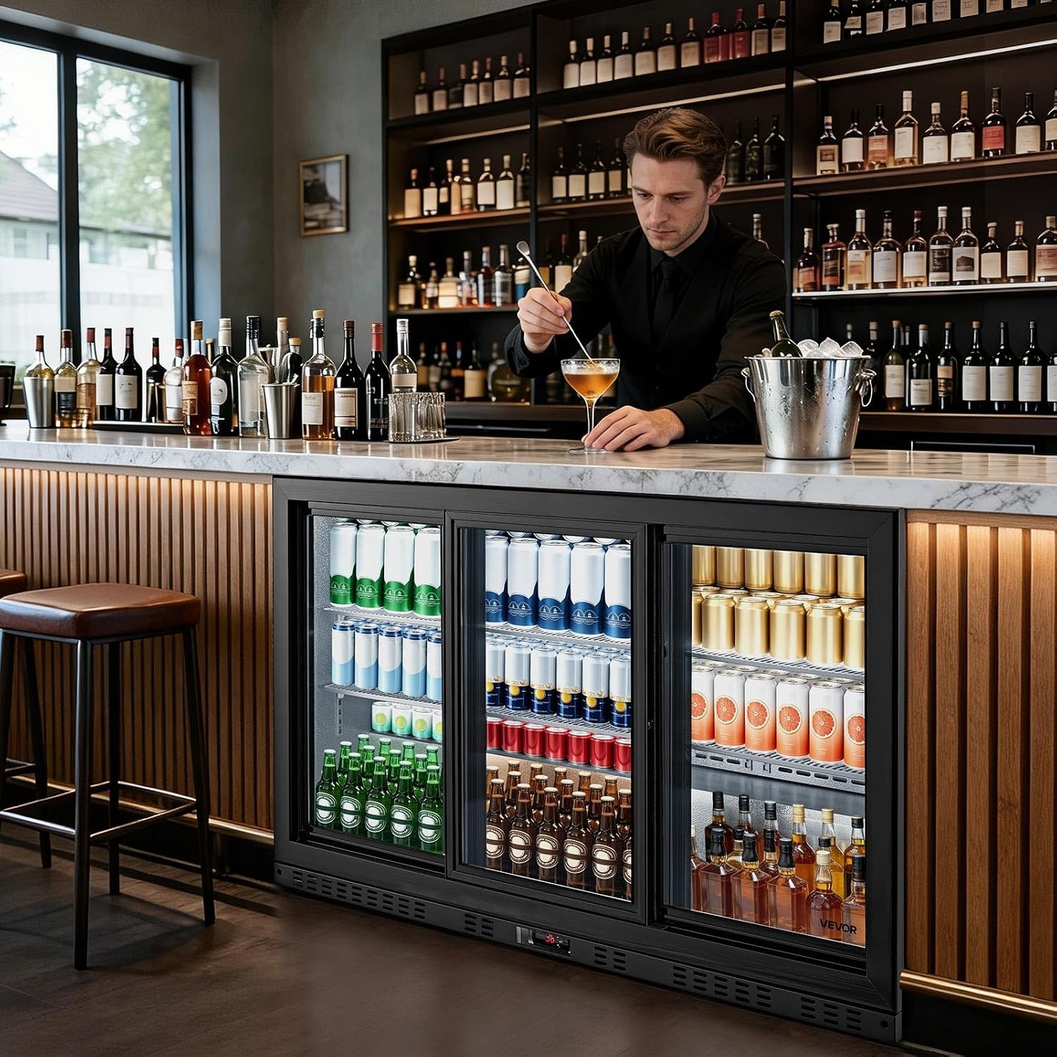 image:imageVEVOR Back Bar Cooler 114 CuFt Commercial Beverage Refrigerator 3 Sliding Glass Doors Fan Cooling Under Counter Beer Fridge wLED Lighting Shelves LowE Glass Display for Drinks Bar Store