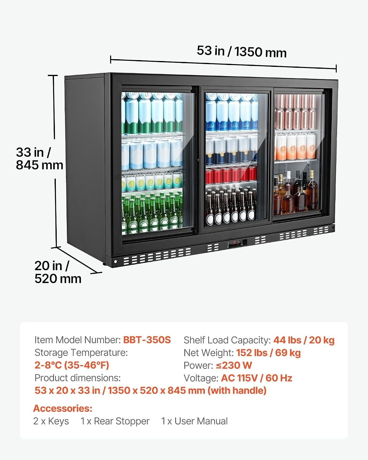 image:imageVEVOR Back Bar Cooler 114 CuFt Commercial Beverage Refrigerator 3 Sliding Glass Doors Fan Cooling Under Counter Beer Fridge wLED Lighting Shelves LowE Glass Display for Drinks Bar Store