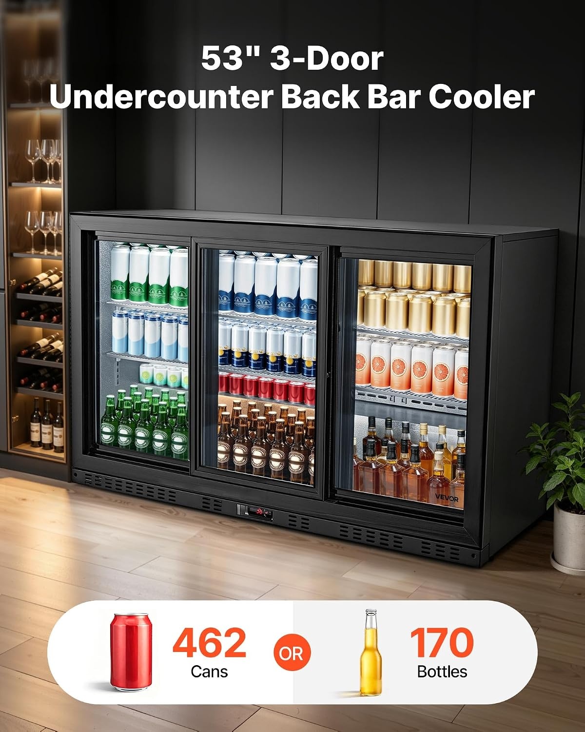 image:imageVEVOR Back Bar Cooler 114 CuFt Commercial Beverage Refrigerator 3 Sliding Glass Doors Fan Cooling Under Counter Beer Fridge wLED Lighting Shelves LowE Glass Display for Drinks Bar Store