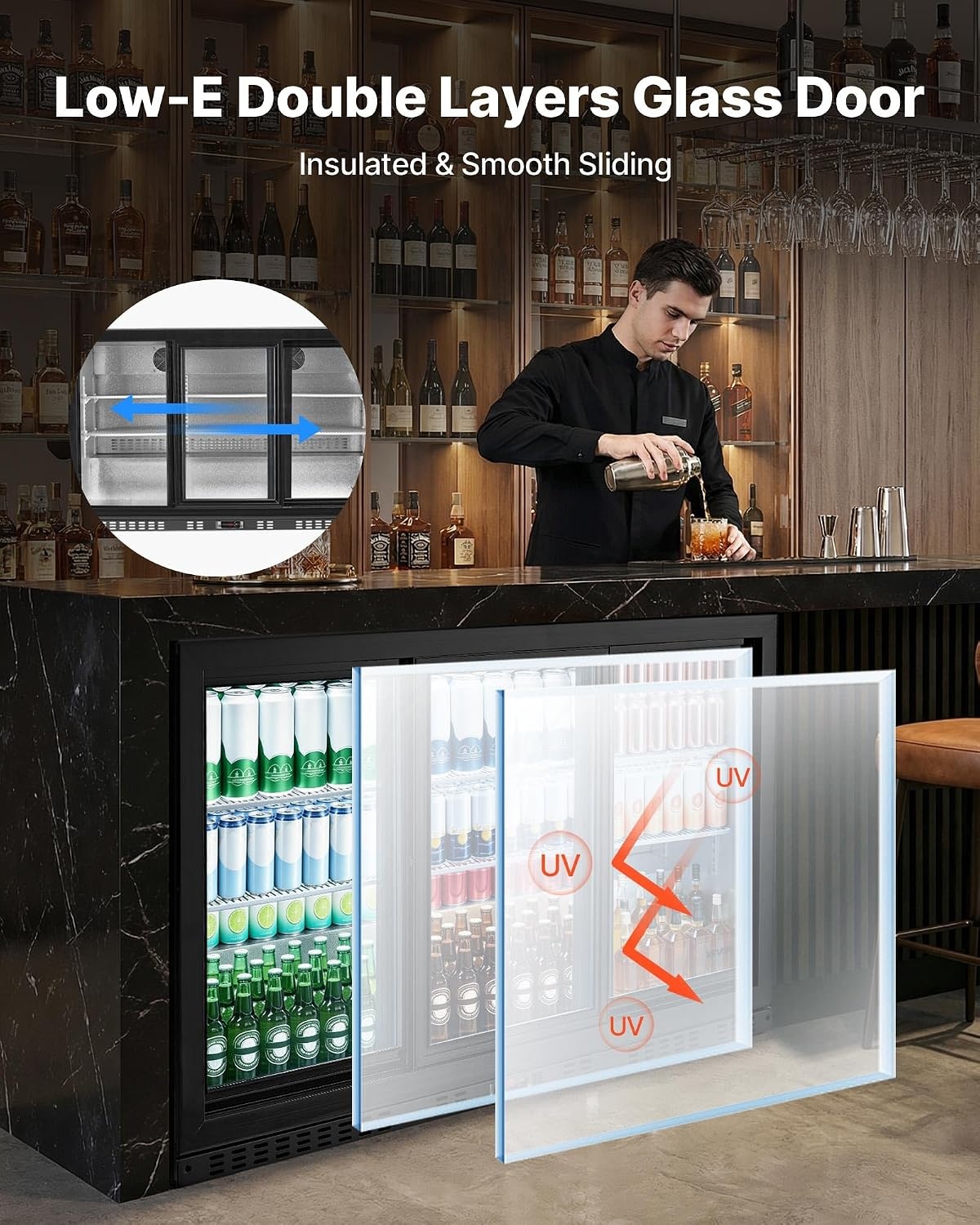 image:imageVEVOR Back Bar Cooler 114 CuFt Commercial Beverage Refrigerator 3 Sliding Glass Doors Fan Cooling Under Counter Beer Fridge wLED Lighting Shelves LowE Glass Display for Drinks Bar Store