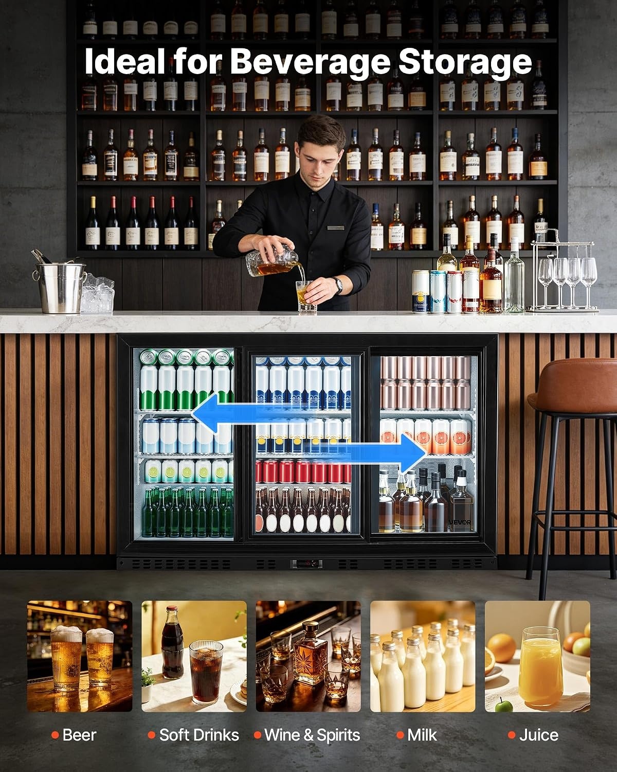 image:imageVEVOR Back Bar Cooler 114 CuFt Commercial Beverage Refrigerator 3 Sliding Glass Doors Fan Cooling Under Counter Beer Fridge wLED Lighting Shelves LowE Glass Display for Drinks Bar Store