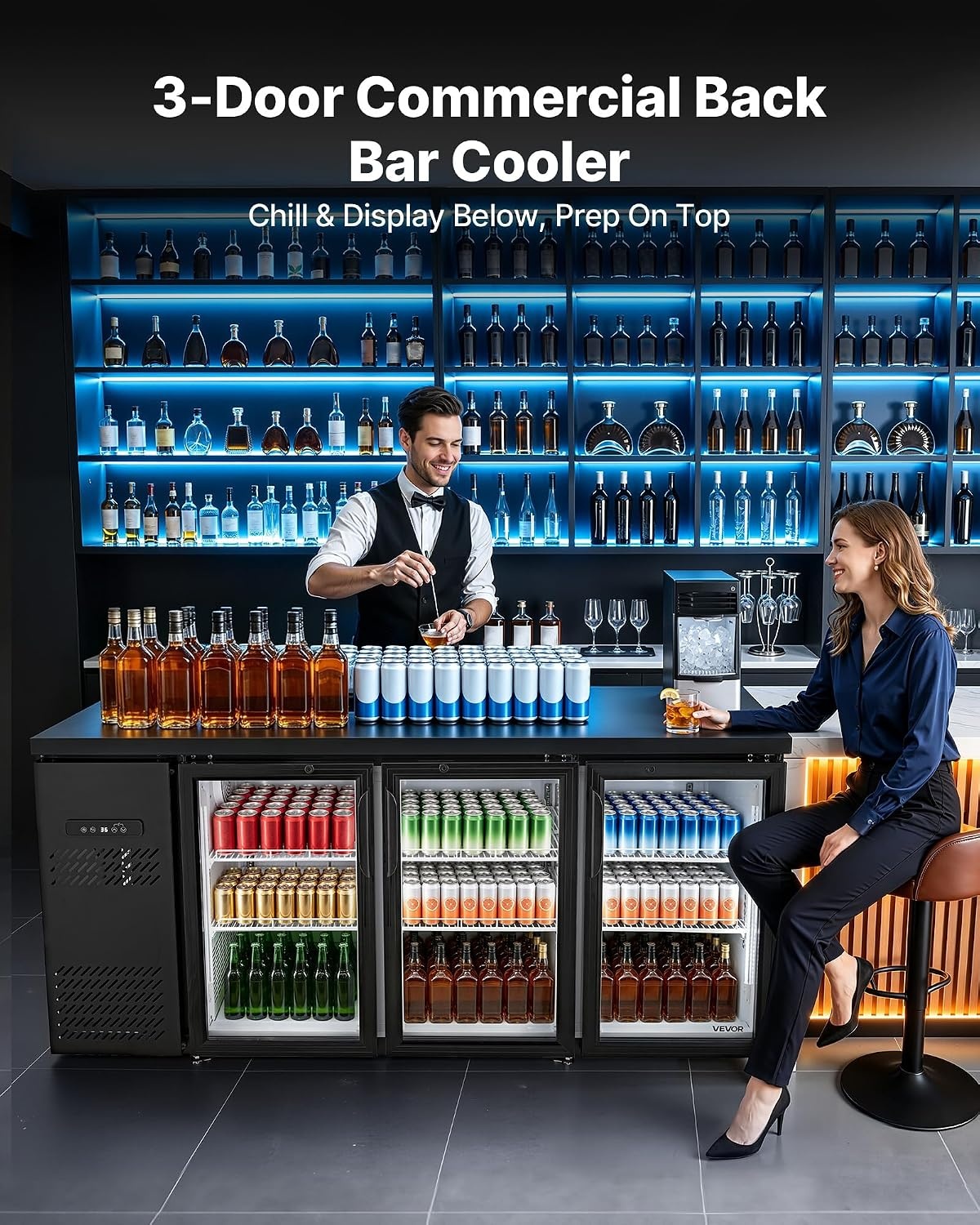 image:imageVEVOR Back Bar Cooler 196 Cu Ft Counter Height Beverage Refrigerator Commercial Bar Display Fridge w 3 Glass Doors LED Lighting Fan Cooling Beer Wine Cooler for Pub Merchandiser Store