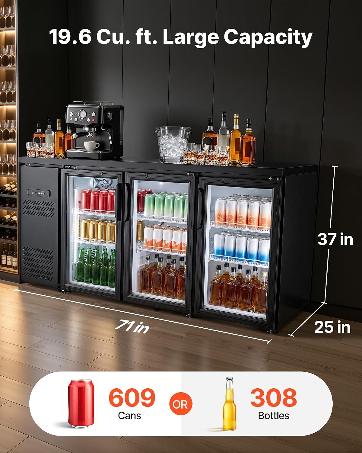 image:imageVEVOR Back Bar Cooler 196 Cu Ft Counter Height Beverage Refrigerator Commercial Bar Display Fridge w 3 Glass Doors LED Lighting Fan Cooling Beer Wine Cooler for Pub Merchandiser Store