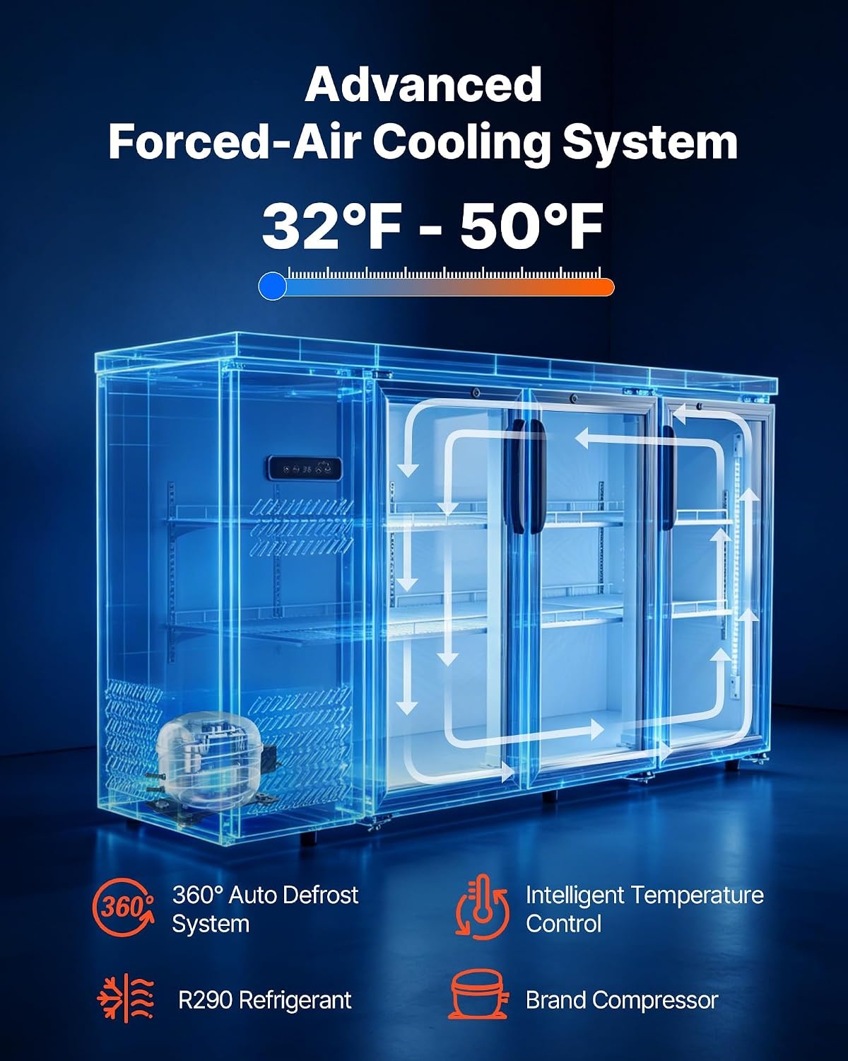 image:imageVEVOR Back Bar Cooler 196 Cu Ft Counter Height Beverage Refrigerator Commercial Bar Display Fridge w 3 Glass Doors LED Lighting Fan Cooling Beer Wine Cooler for Pub Merchandiser Store