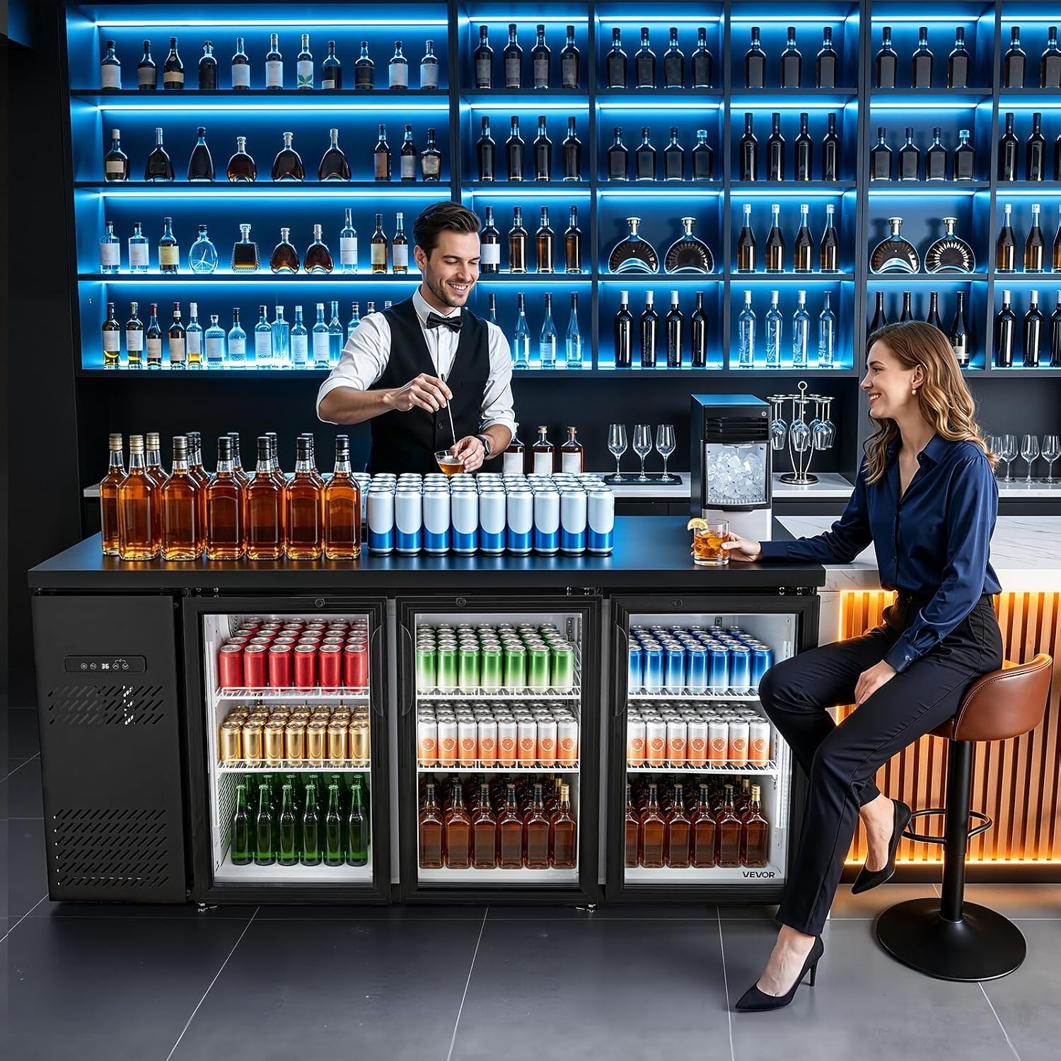 image:imageVEVOR Back Bar Cooler 196 Cu Ft Counter Height Beverage Refrigerator Commercial Bar Display Fridge w 3 Glass Doors LED Lighting Fan Cooling Beer Wine Cooler for Pub Merchandiser Store