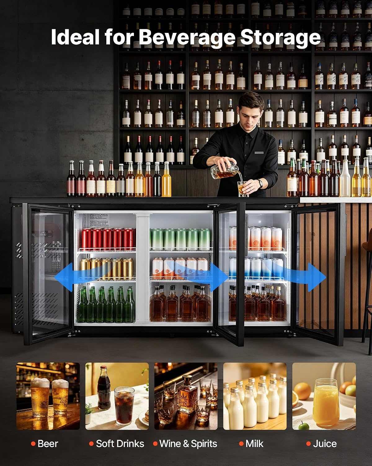 image:imageVEVOR Back Bar Cooler 196 Cu Ft Counter Height Beverage Refrigerator Commercial Bar Display Fridge w 3 Glass Doors LED Lighting Fan Cooling Beer Wine Cooler for Pub Merchandiser Store