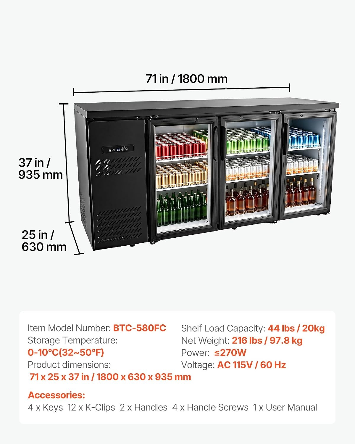 image:imageVEVOR Back Bar Cooler 196 Cu Ft Counter Height Beverage Refrigerator Commercial Bar Display Fridge w 3 Glass Doors LED Lighting Fan Cooling Beer Wine Cooler for Pub Merchandiser Store