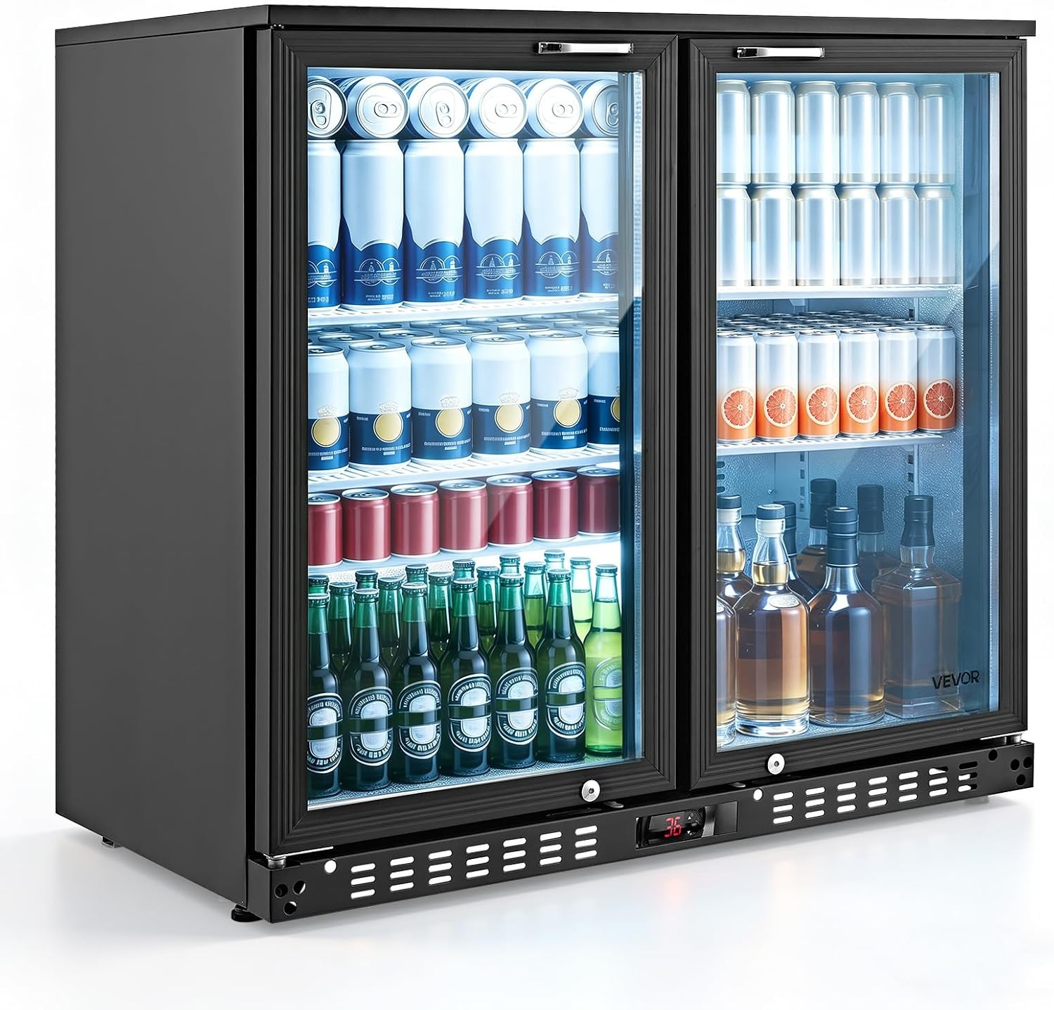 image:imageVEVOR Back Bar Cooler 74 Cu Ft Commercial Beverage Refrigerator Under Counter Bar Fridge with 2 Glass Doors LED Lighting Shelves LowE Glass Display Cooler for Beer Soda Wine Drinks35 x 20 x 33 in