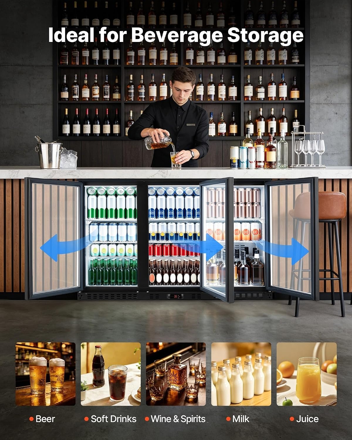 image:imageVEVOR Back Bar Cooler 74 Cu Ft Commercial Beverage Refrigerator Under Counter Bar Fridge with 2 Glass Doors LED Lighting Shelves LowE Glass Display Cooler for Beer Soda Wine Drinks53 x 20 x 33 in