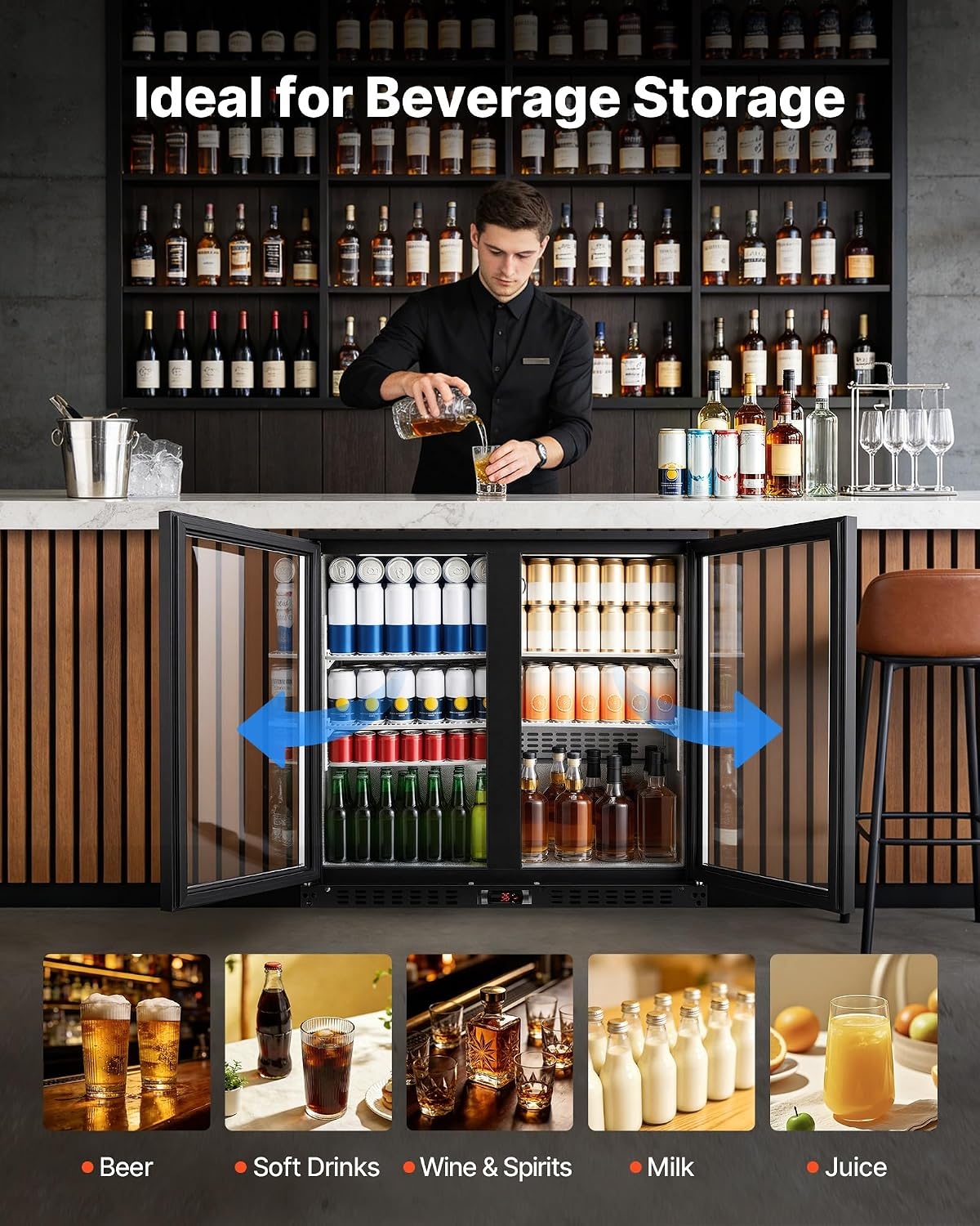 image:imageVEVOR Back Bar Cooler 74 Cu Ft Commercial Beverage Refrigerator Under Counter Bar Fridge with 2 Glass Doors LED Lighting Shelves LowE Glass Display Cooler for Beer Soda Wine Drinks35 x 20 x 33 in