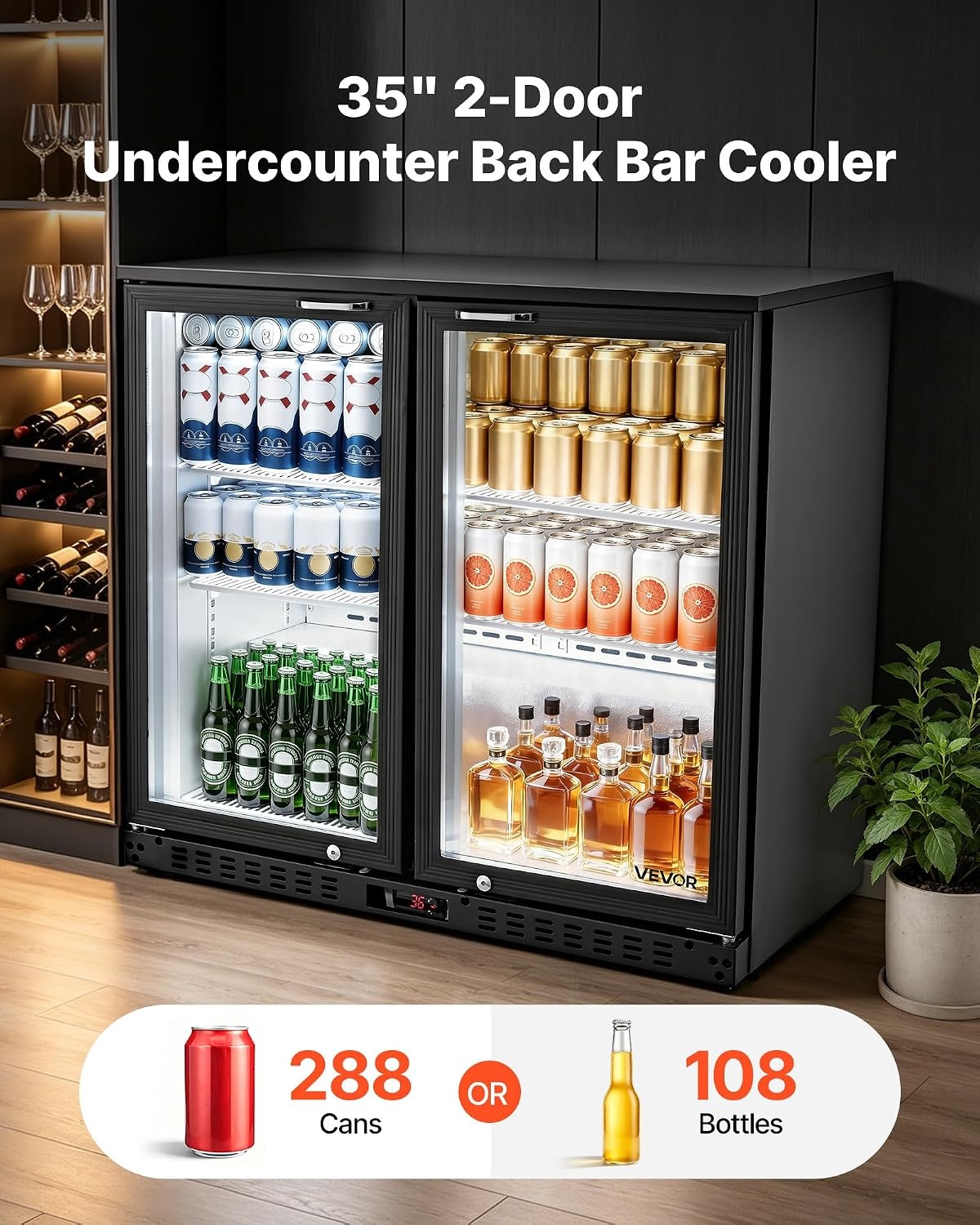 image:imageVEVOR Back Bar Cooler 74 Cu Ft Commercial Beverage Refrigerator Under Counter Bar Fridge with 2 Glass Doors LED Lighting Shelves LowE Glass Display Cooler for Beer Soda Wine Drinks35 x 20 x 33 in