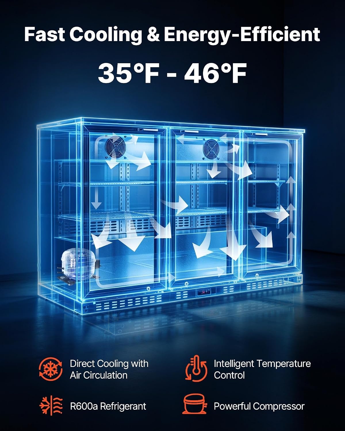 image:imageVEVOR Back Bar Cooler 74 Cu Ft Commercial Beverage Refrigerator Under Counter Bar Fridge with 2 Glass Doors LED Lighting Shelves LowE Glass Display Cooler for Beer Soda Wine Drinks53 x 20 x 33 in