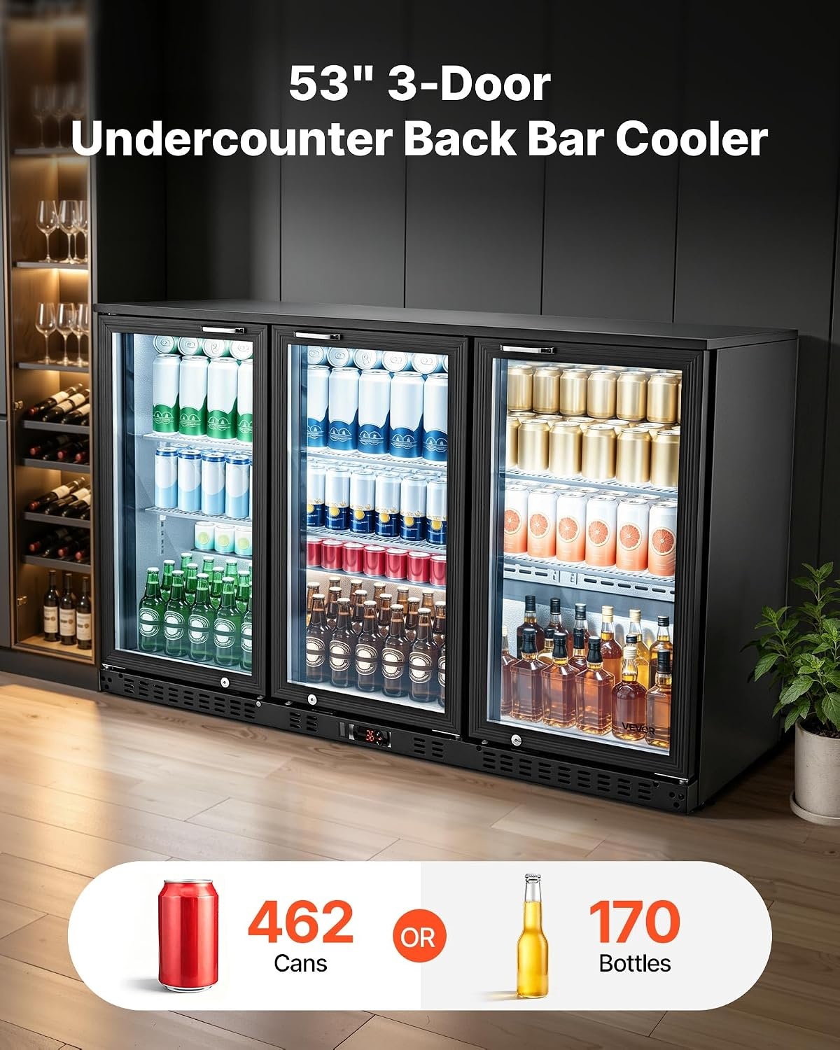 image:imageVEVOR Back Bar Cooler 74 Cu Ft Commercial Beverage Refrigerator Under Counter Bar Fridge with 2 Glass Doors LED Lighting Shelves LowE Glass Display Cooler for Beer Soda Wine Drinks53 x 20 x 33 in