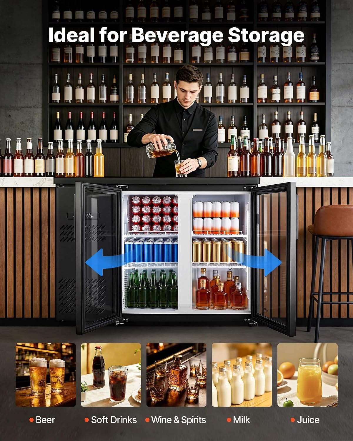 image:imageVEVOR Back Bar Cooler 74 Cu Ft Commercial Beverage Refrigerator Under Counter Bar Fridge with 2 Glass Doors LED Lighting Shelves LowE Glass Display Cooler for Beer Soda Wine Drinks47 x 25 x 37 in