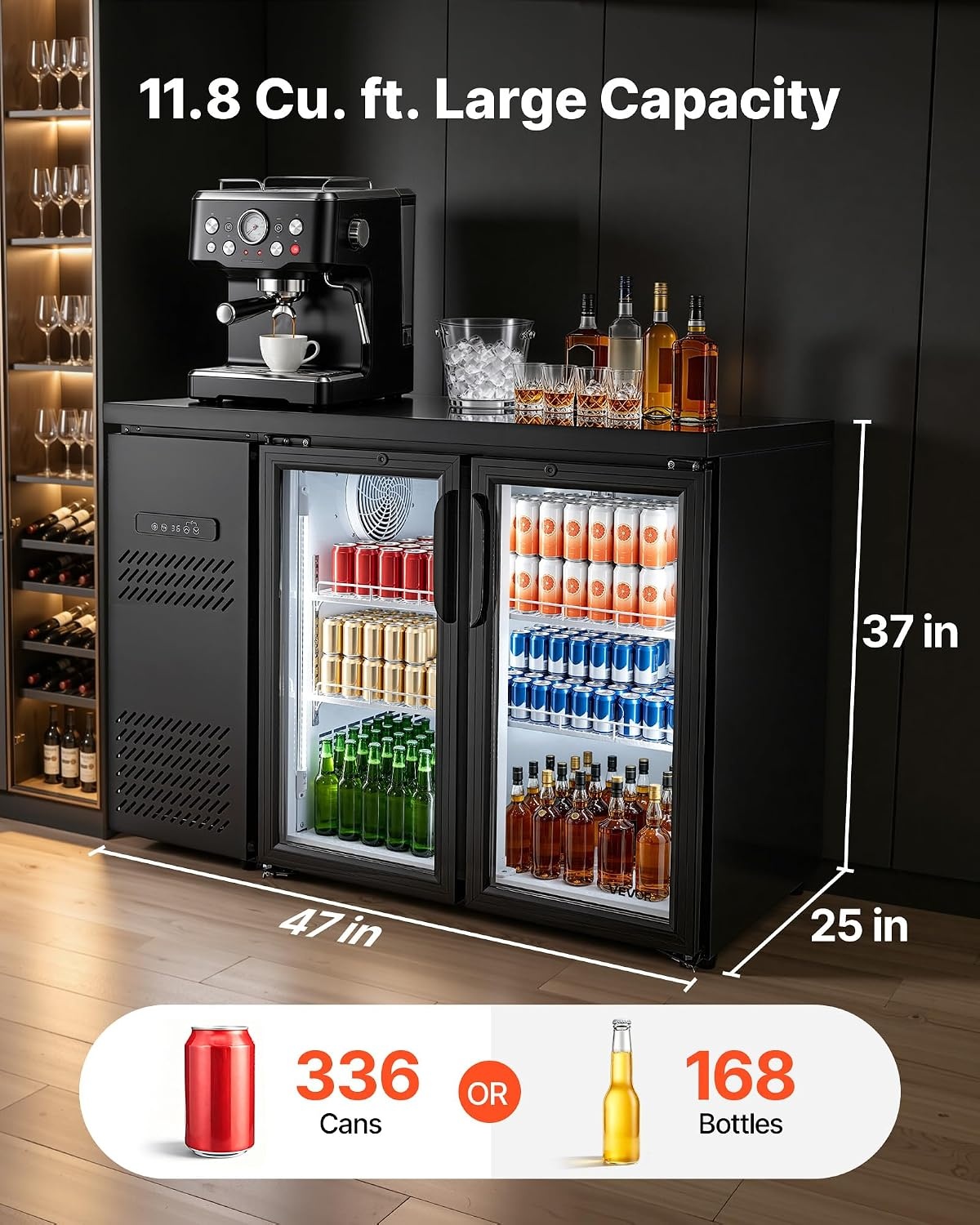 image:imageVEVOR Back Bar Cooler 74 Cu Ft Commercial Beverage Refrigerator Under Counter Bar Fridge with 2 Glass Doors LED Lighting Shelves LowE Glass Display Cooler for Beer Soda Wine Drinks47 x 25 x 37 in